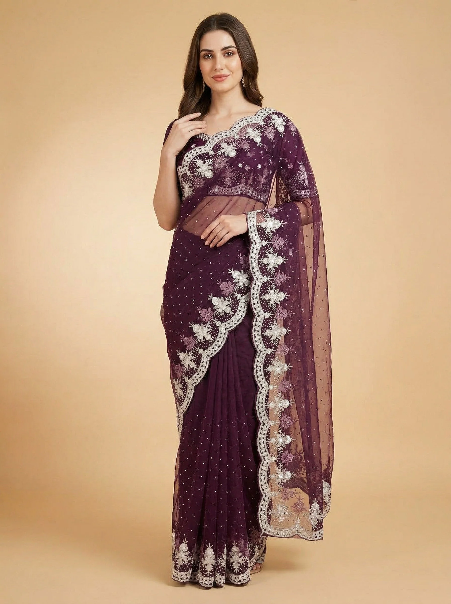 Dark Wine Saturated Embroidered Saree