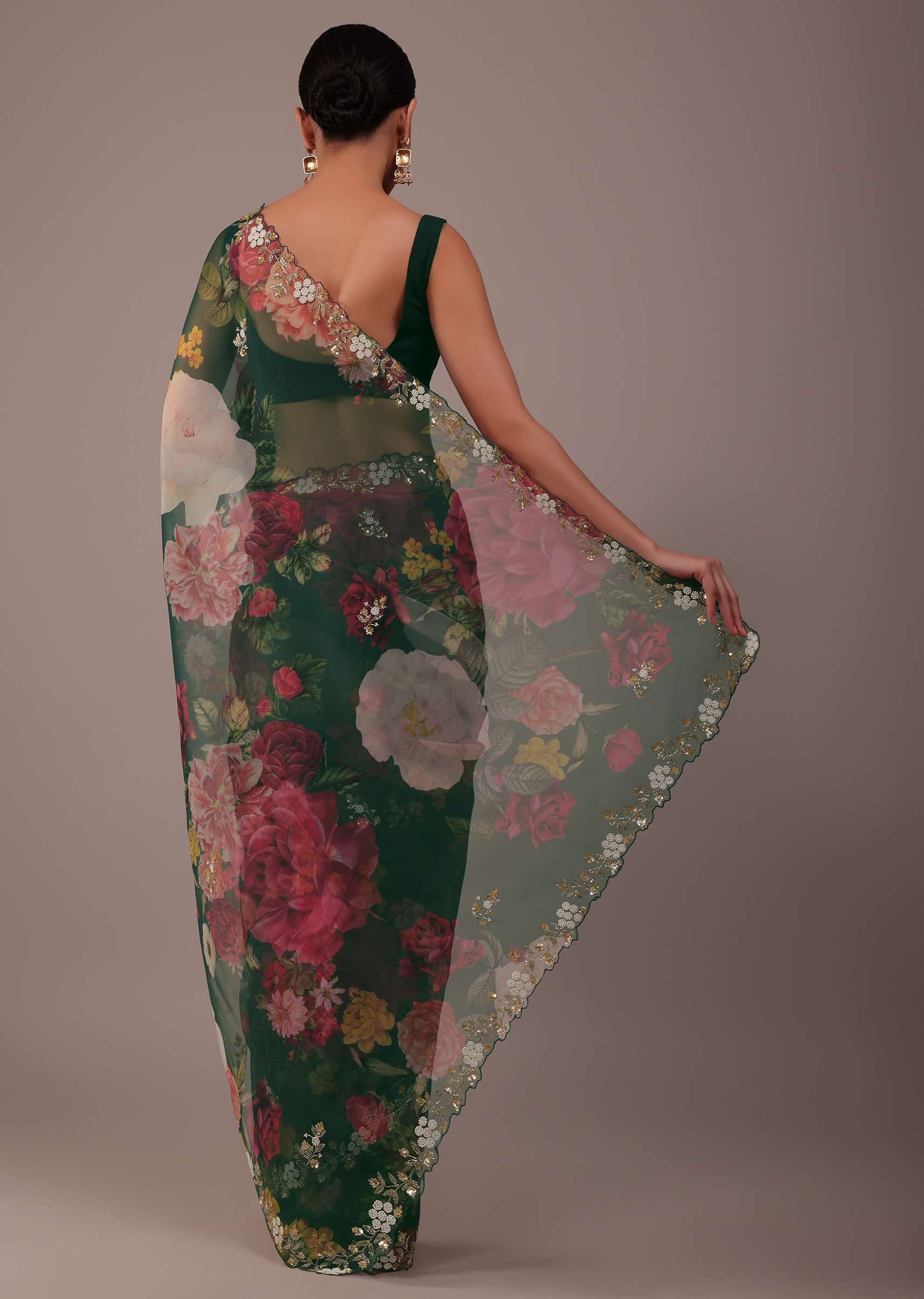 Deep Green Floral Printed Saree In Organza With Cut Dana Butti All Over - Image 4