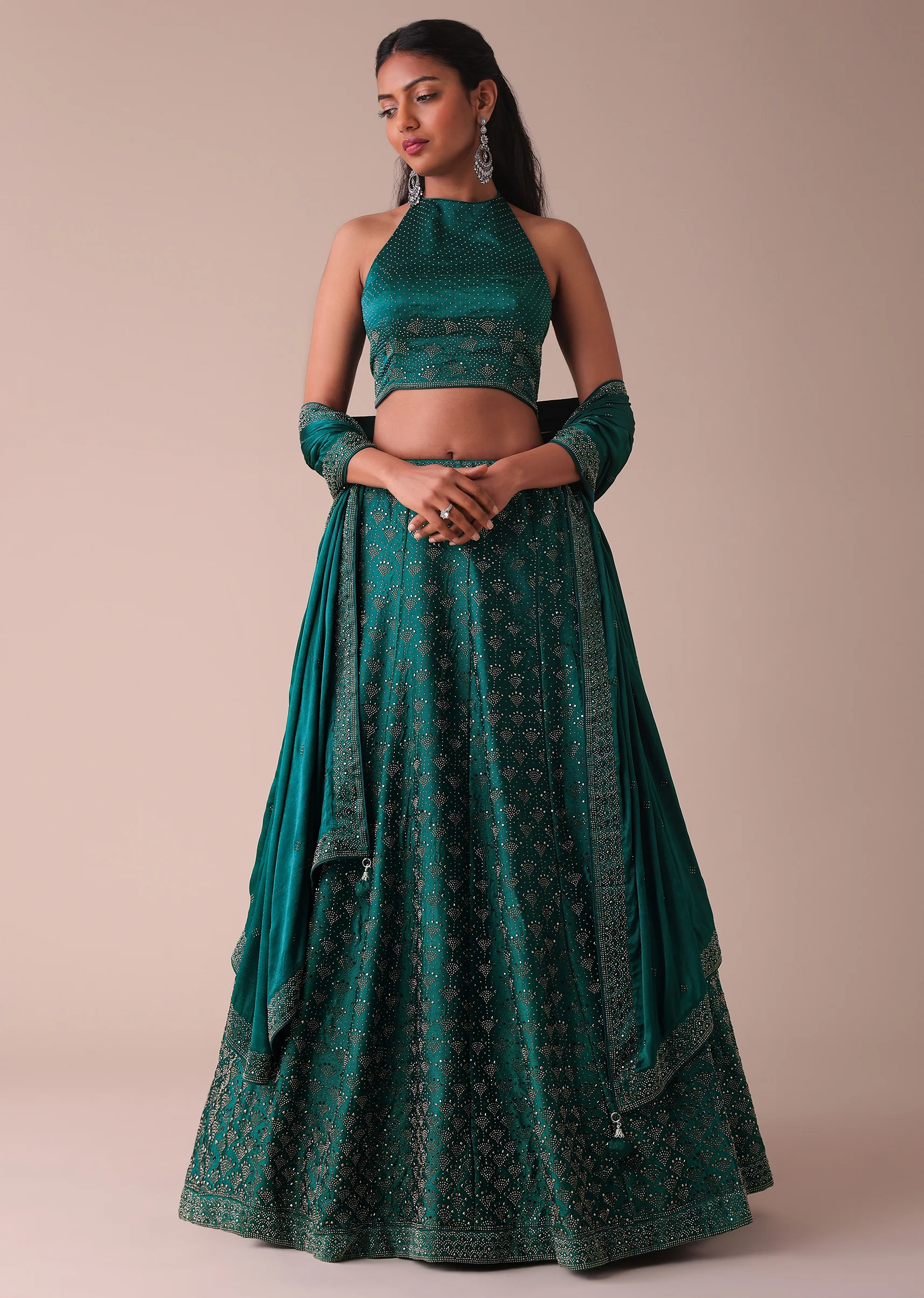 Deep Green Swarovski Embellished Lehenga In Wrinkle Satin - Image 2