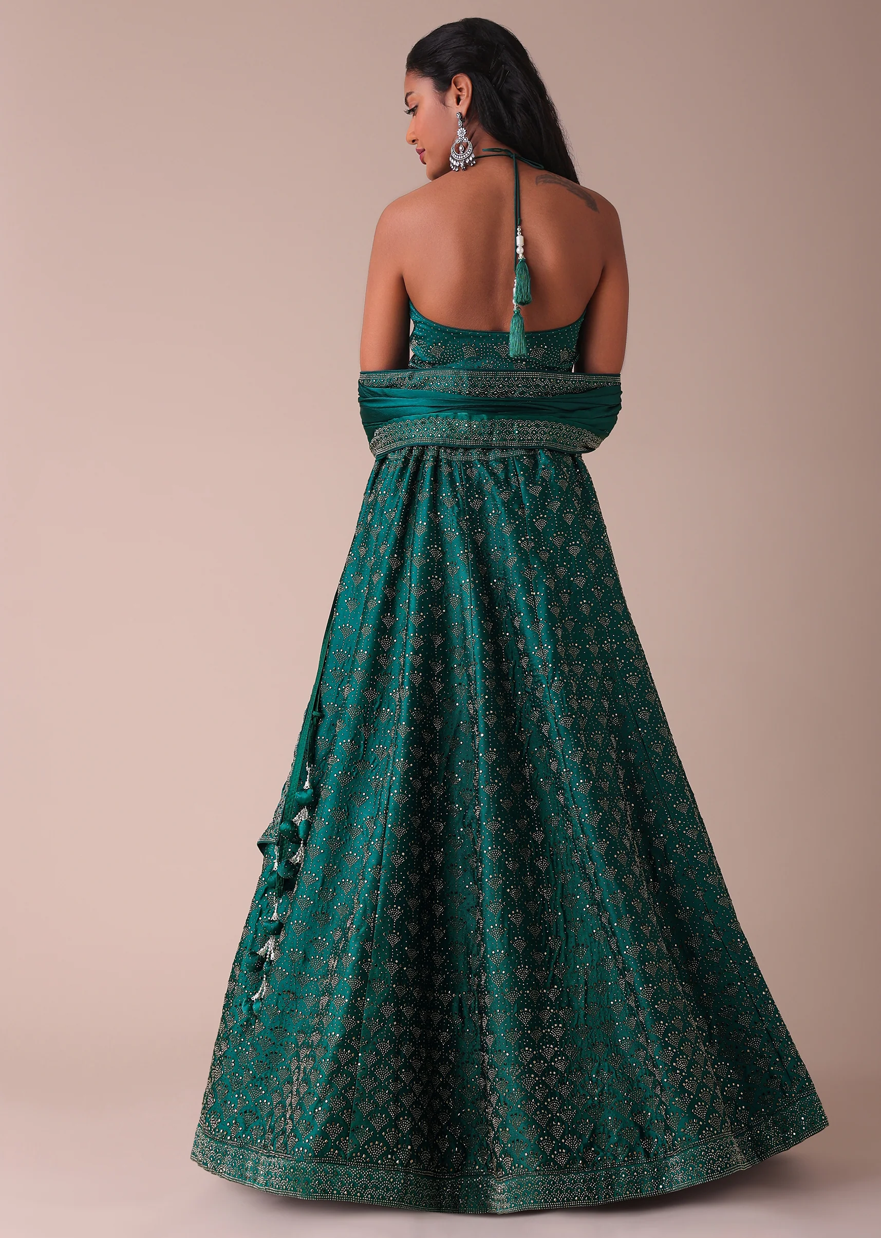 Deep Green Swarovski Embellished Lehenga In Wrinkle Satin - Image 5