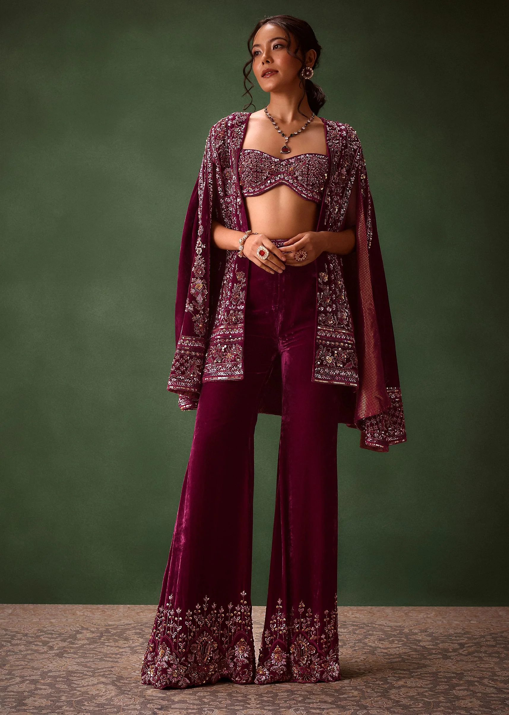 Deep Magenta Velvet Brocade Cape Jacket Suit - Image 4
