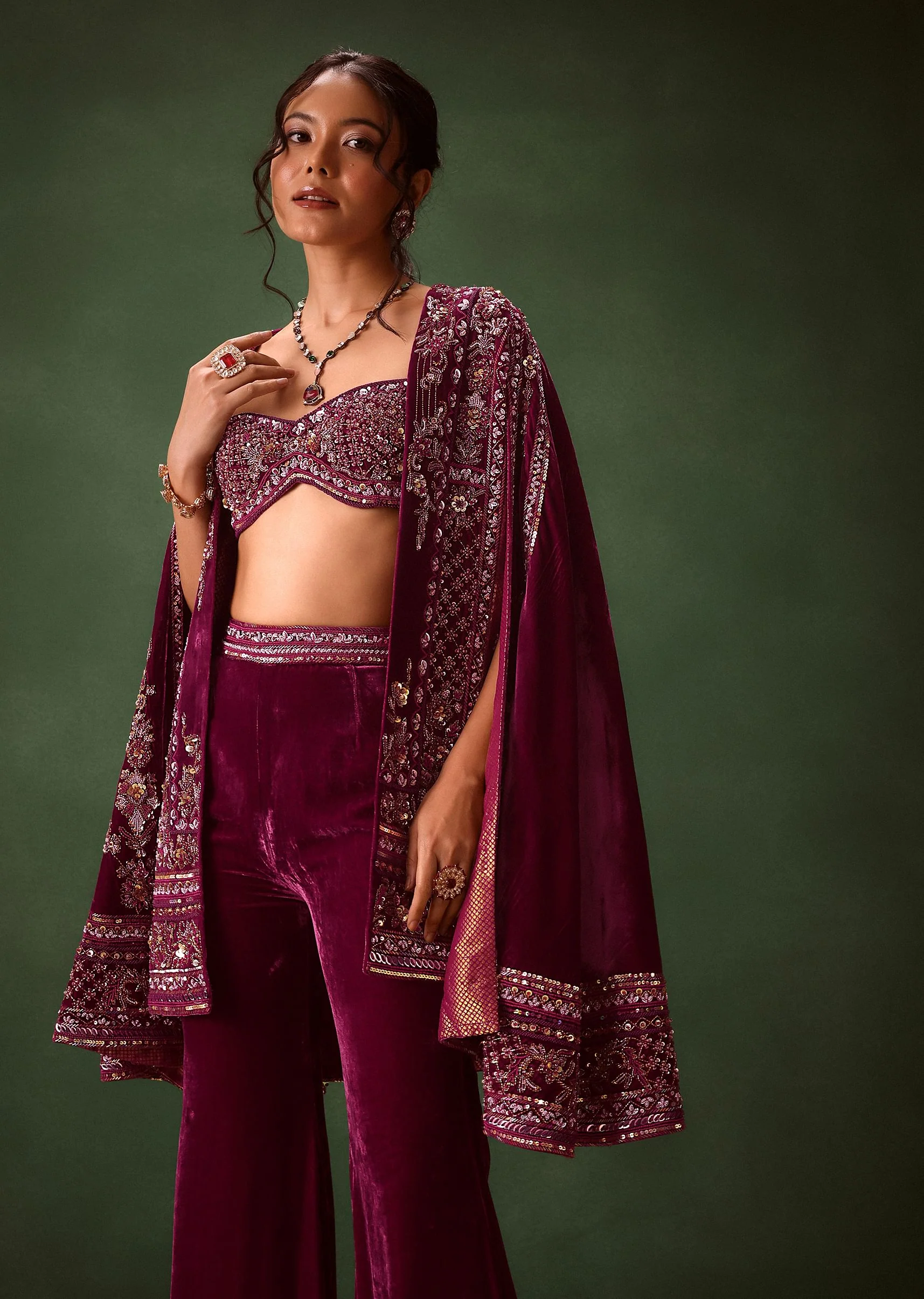 Deep Magenta Velvet Brocade Cape Jacket Suit - Image 5
