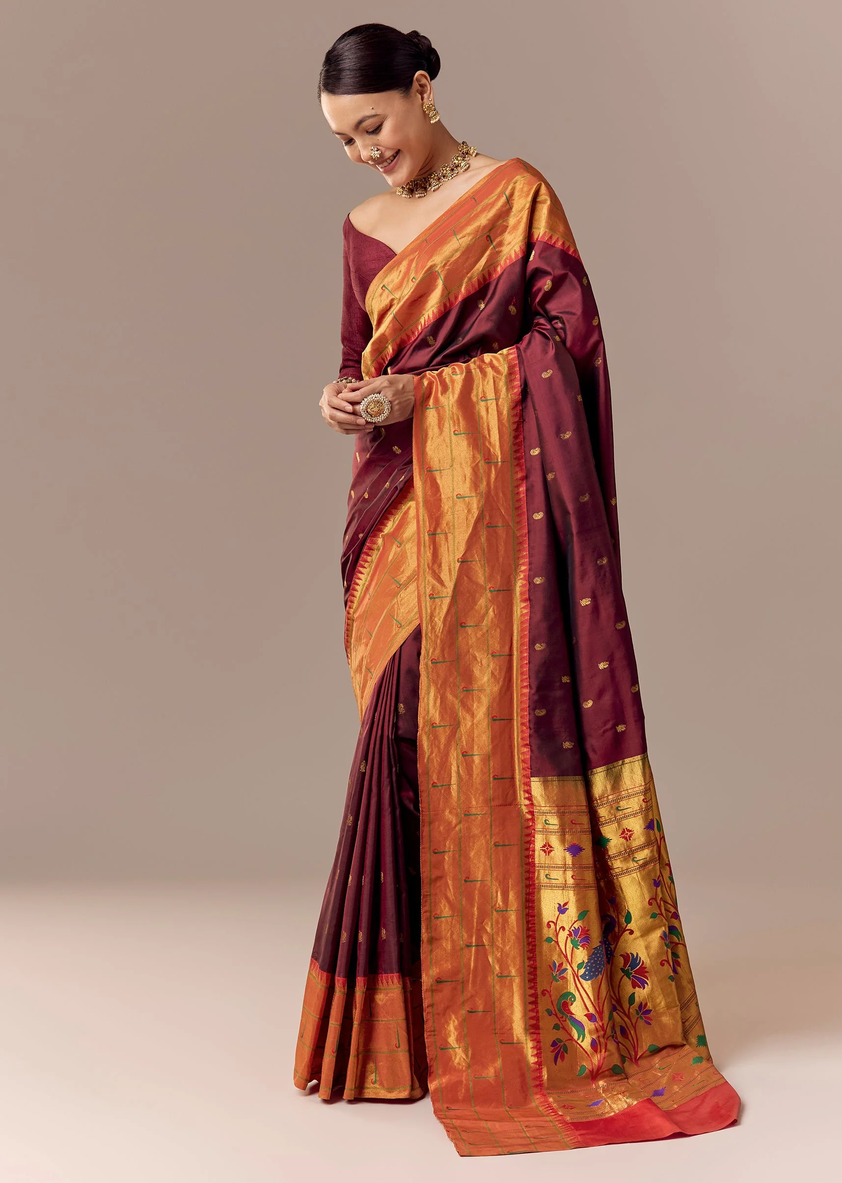 Deep Maroon Paithani Saree with Muniya Motif Border