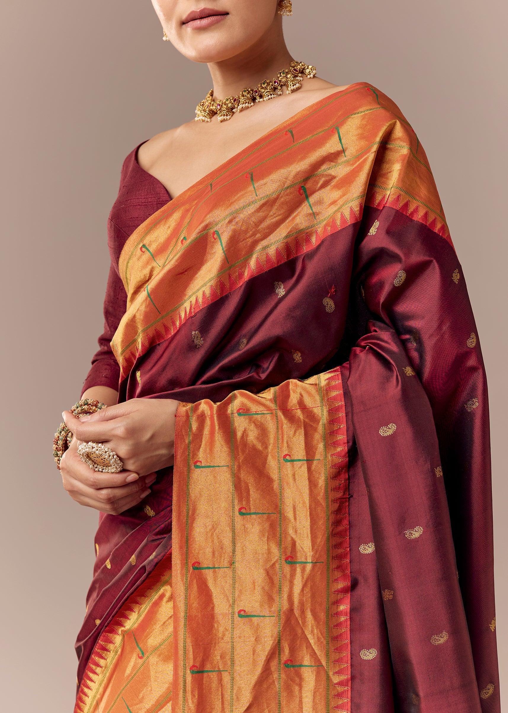 Deep Maroon Paithani Saree with Muniya Motif Border - Image 2