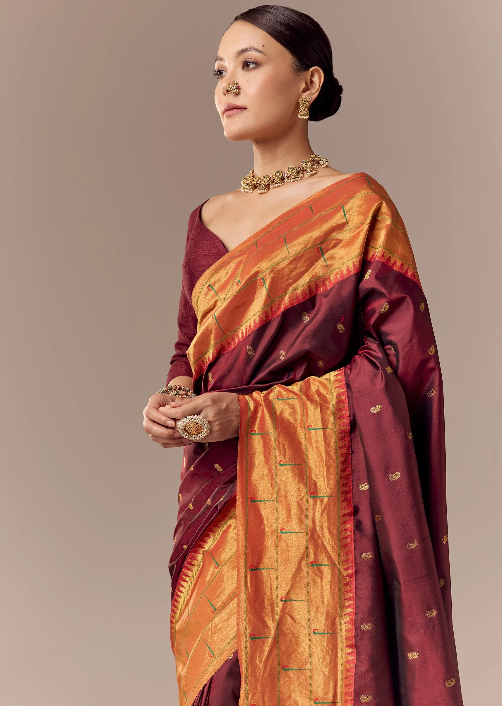 Deep Maroon Paithani Saree with Muniya Motif Border - Image 5