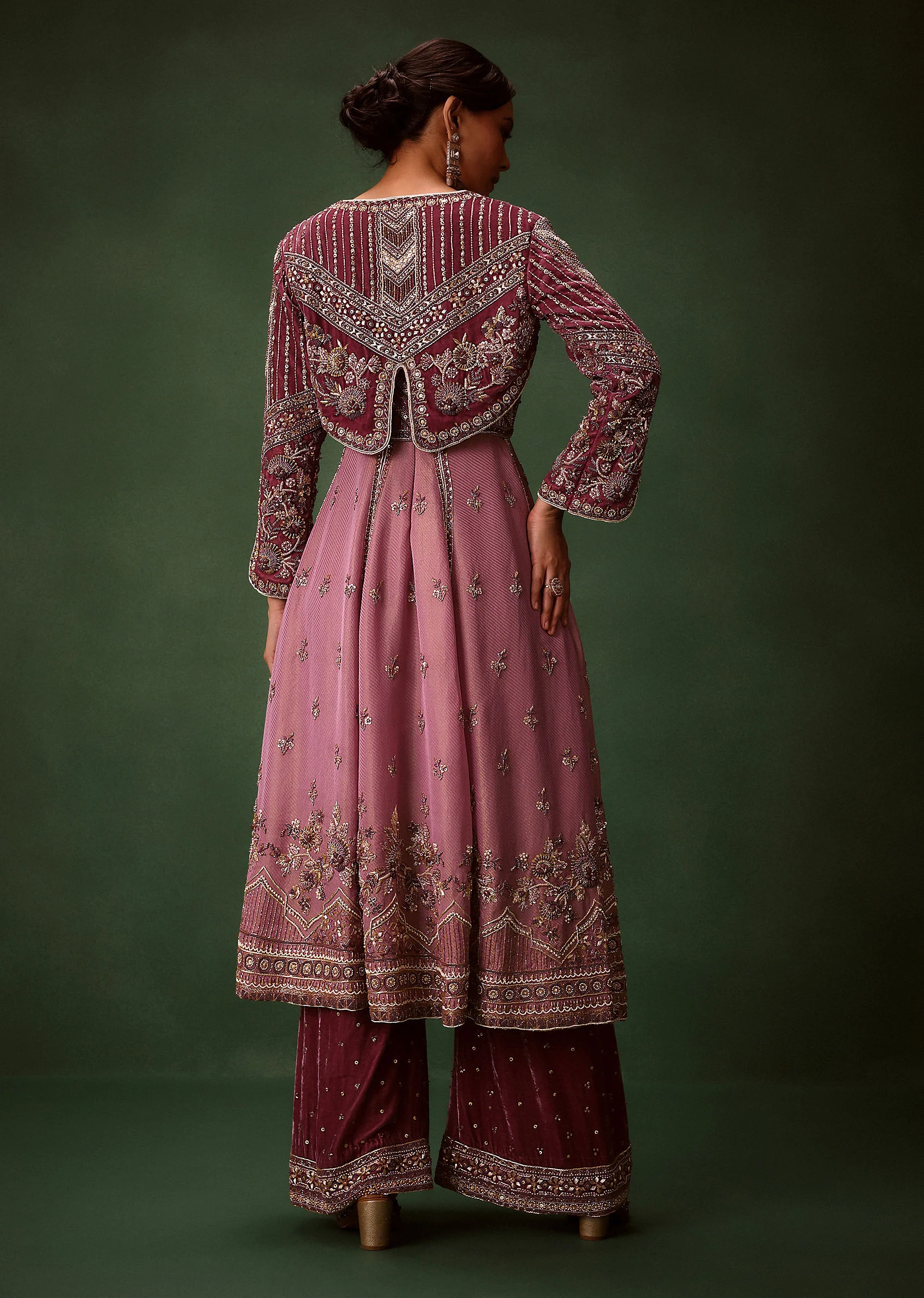 Deep Mauve Anarkali Suit Set With Velvet Pants And Embroidered Jacket - Image 5