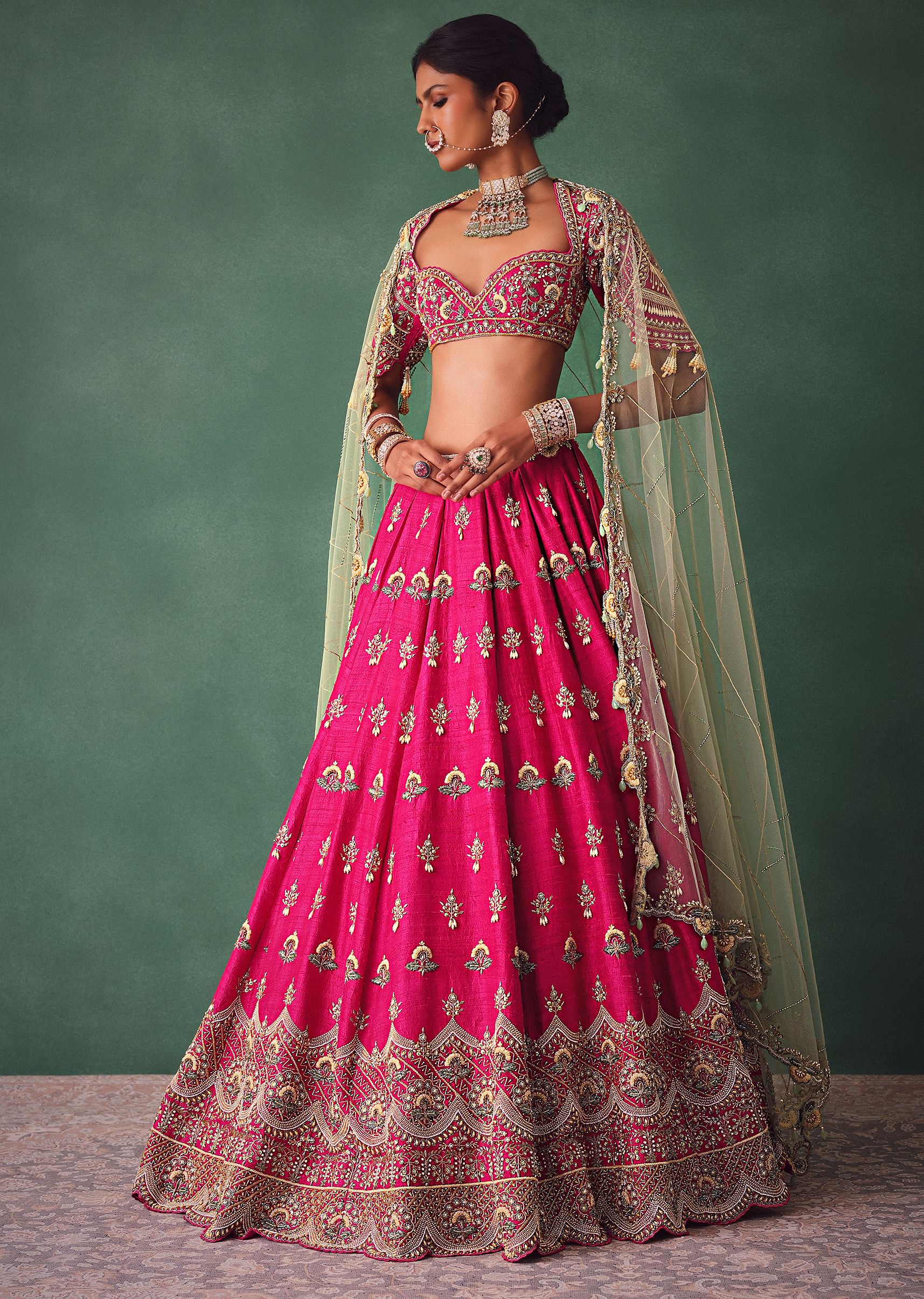 Deep Pink Bridal Butti Work Lehenga With Tassels on Blouse And Dupatta - Image 3