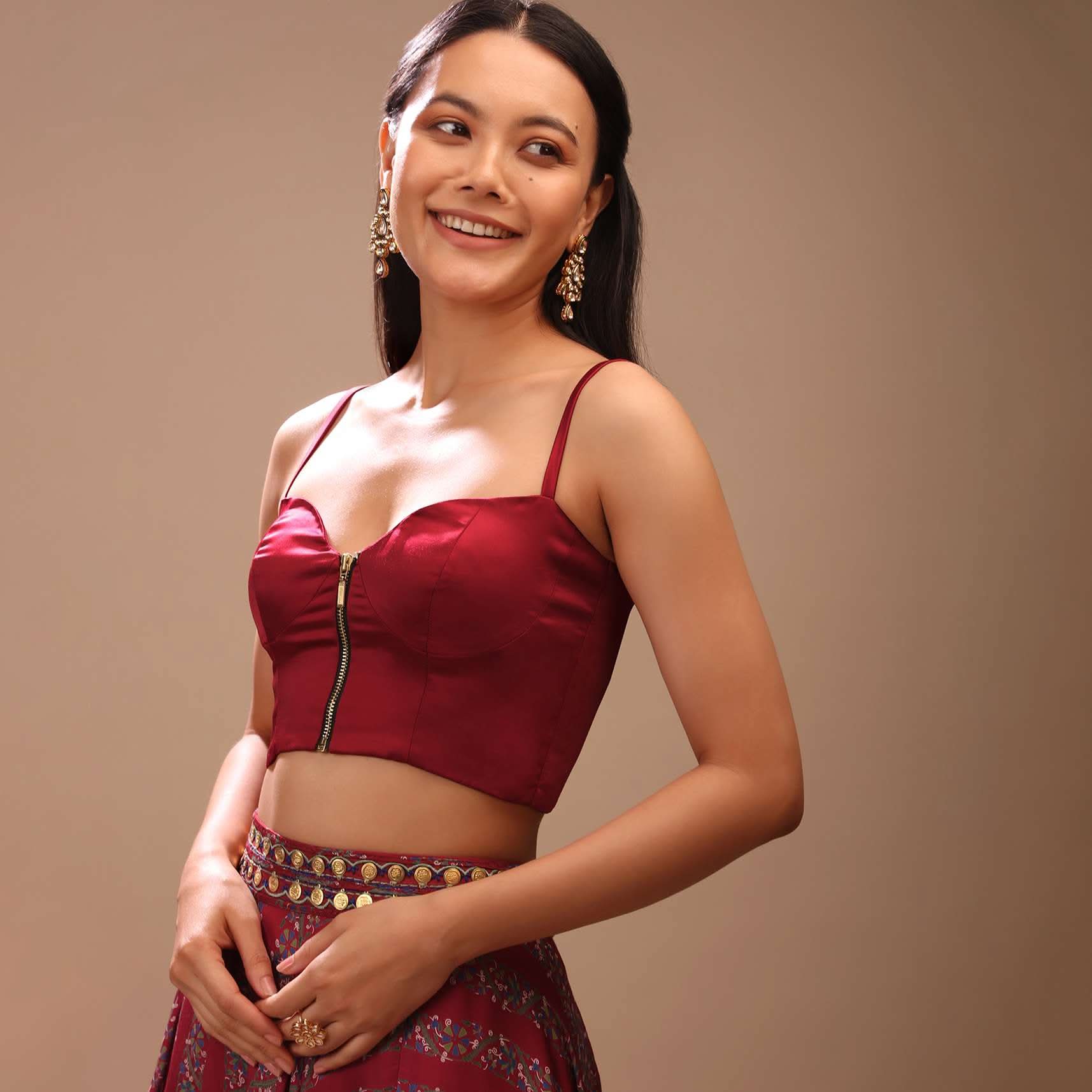 Deep Red Blouse In Satin With Front Zip Closure, Strap Sleeves And Corset Neckline - Image 2