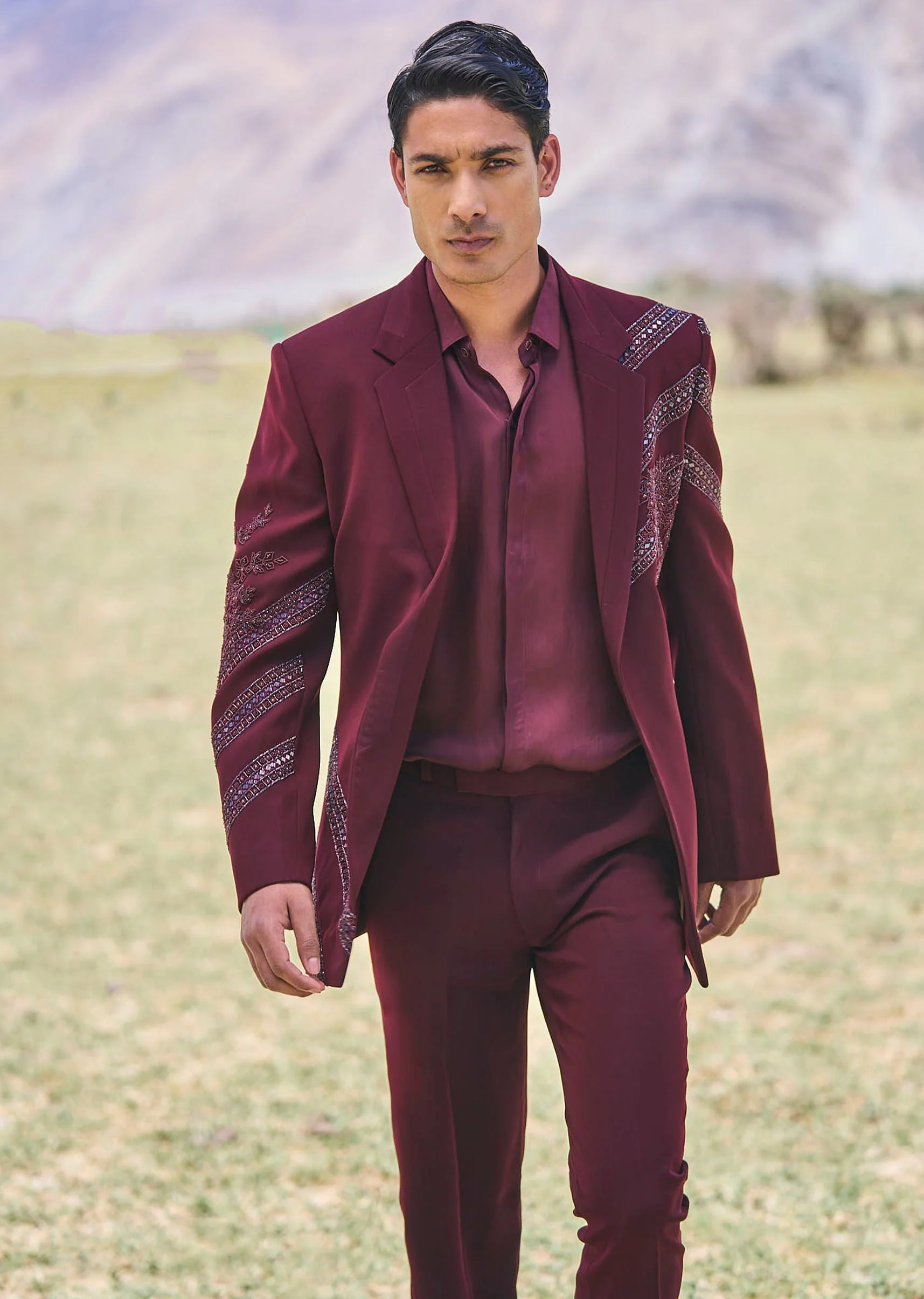 Deep Wine Self Embroidered Tuxedo With Geometric Motifs - Image 4
