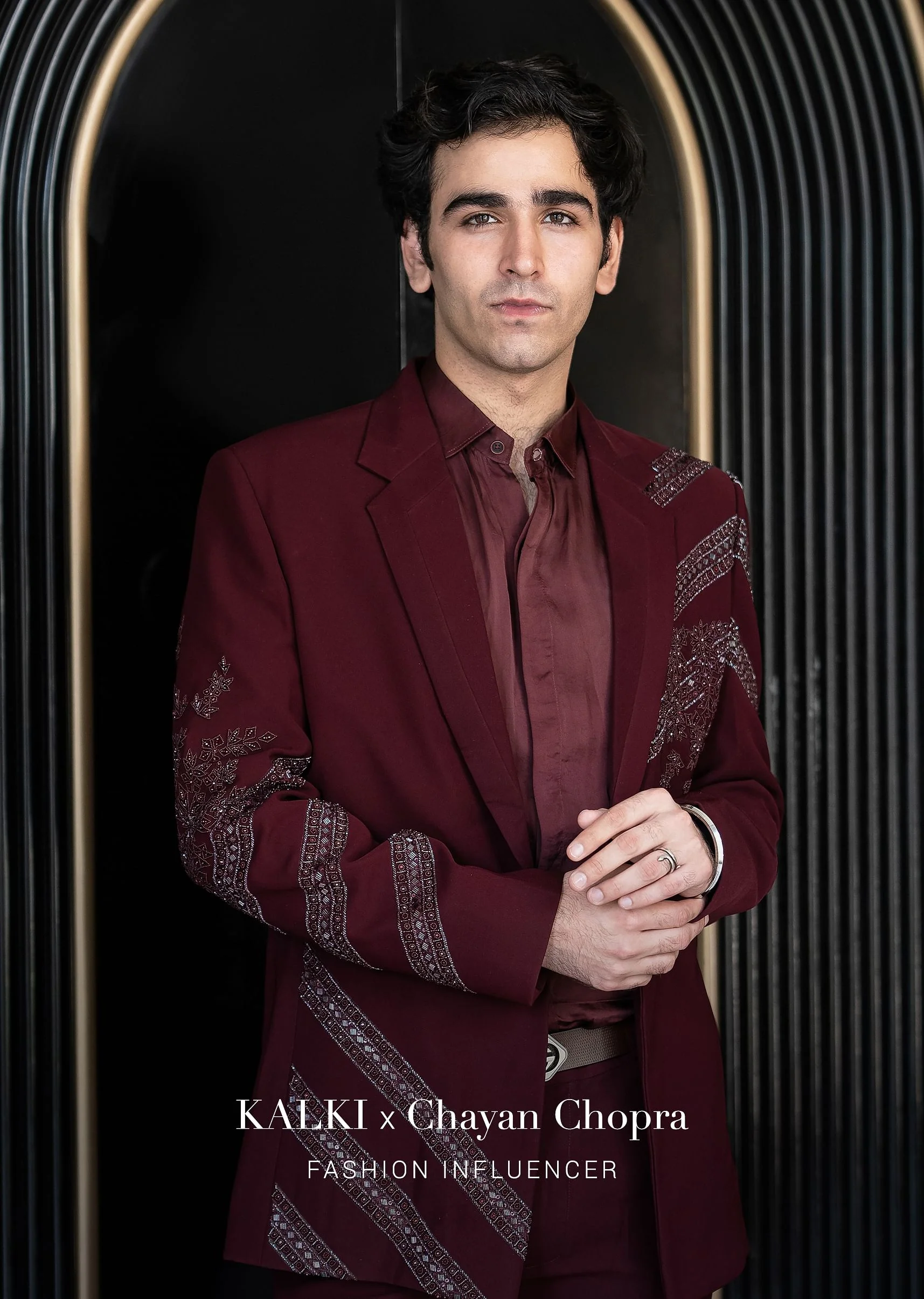 Deep Wine Self Embroidered Tuxedo With Geometric Motifs - Image 7
