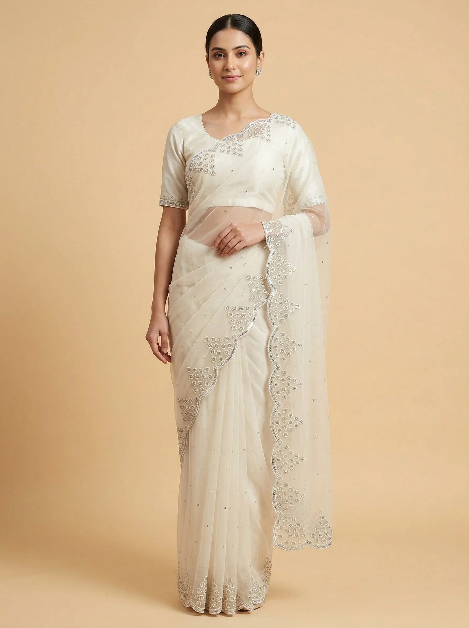 Dove Grey Embroidered Saree
