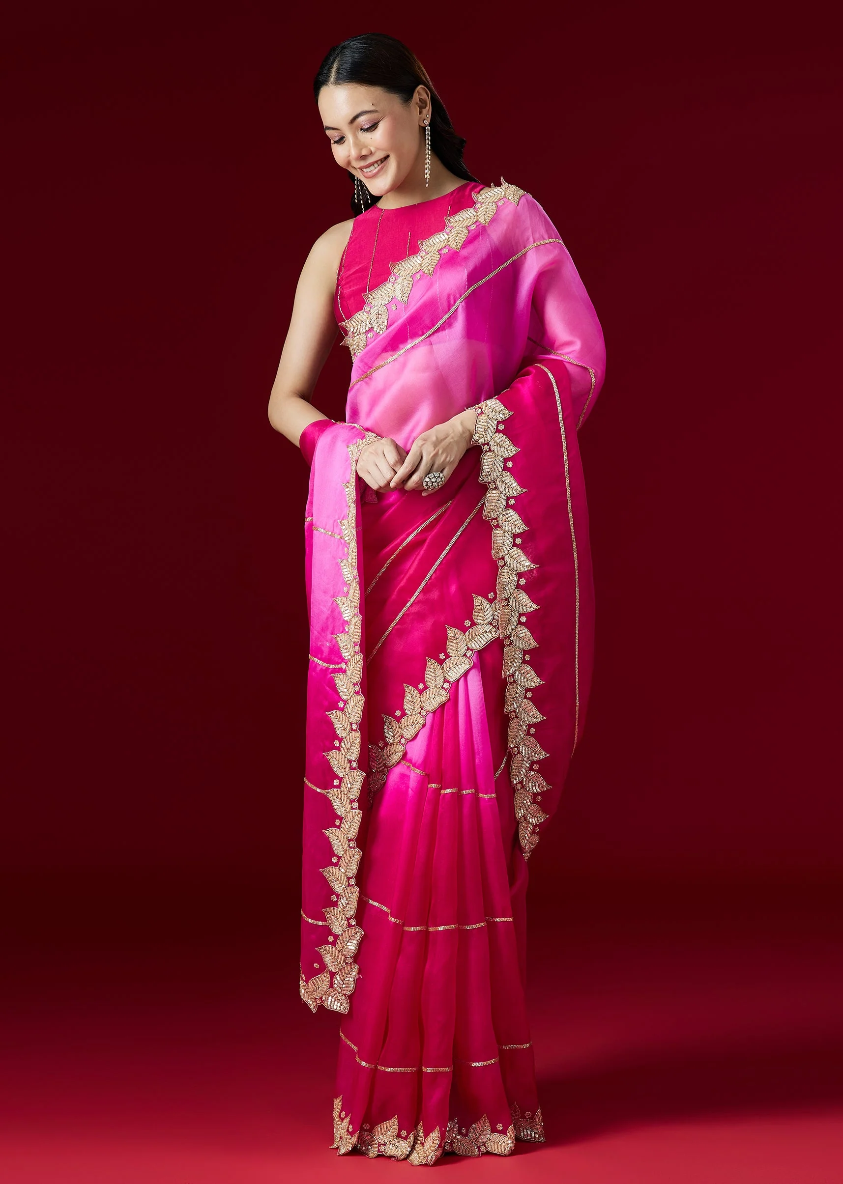 Dual Pink Shaded Organza Silk Saree With Embroidered Border - Image 3