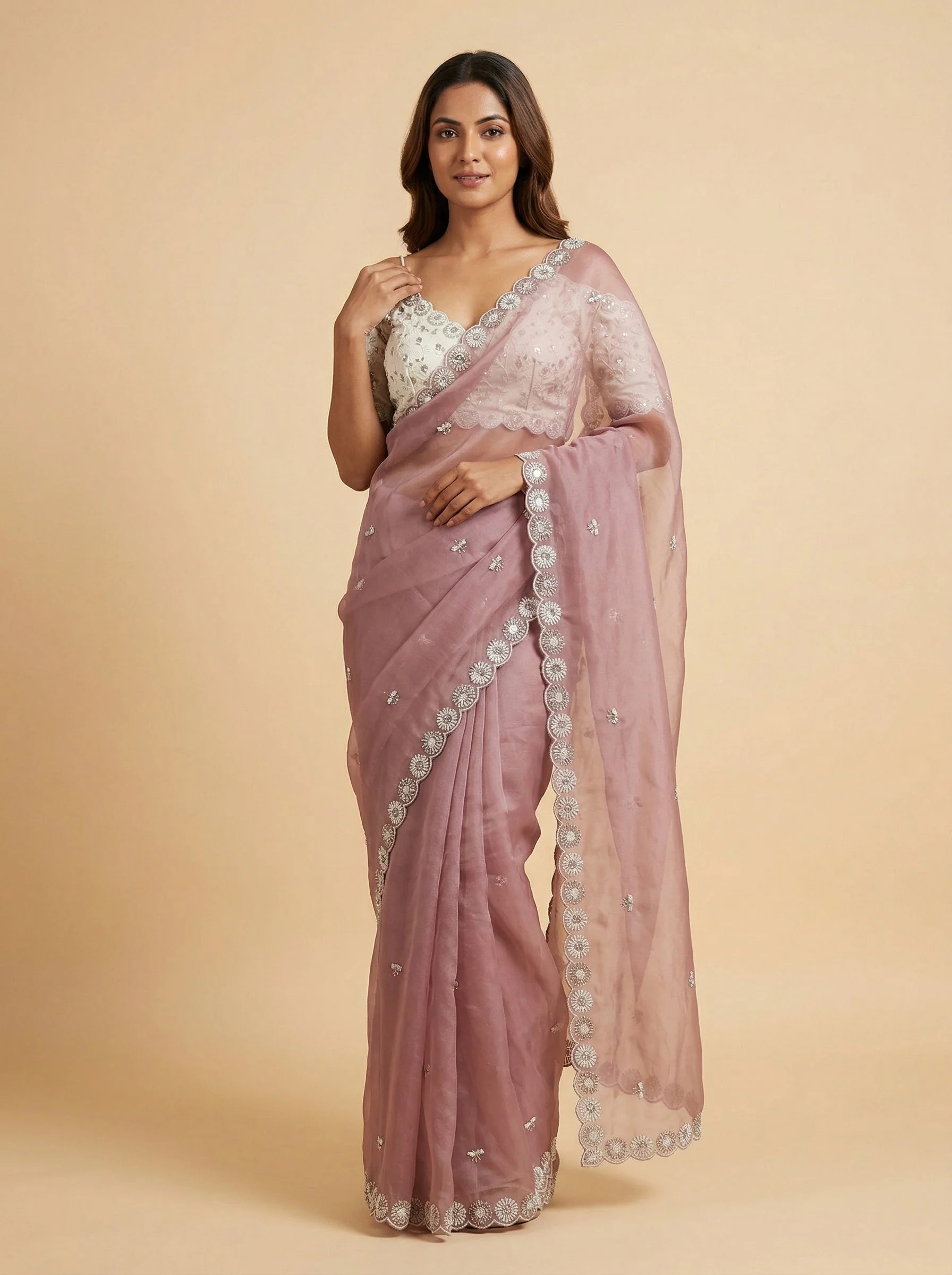 Dual Tone Off White Lavender Embroidered Saree
