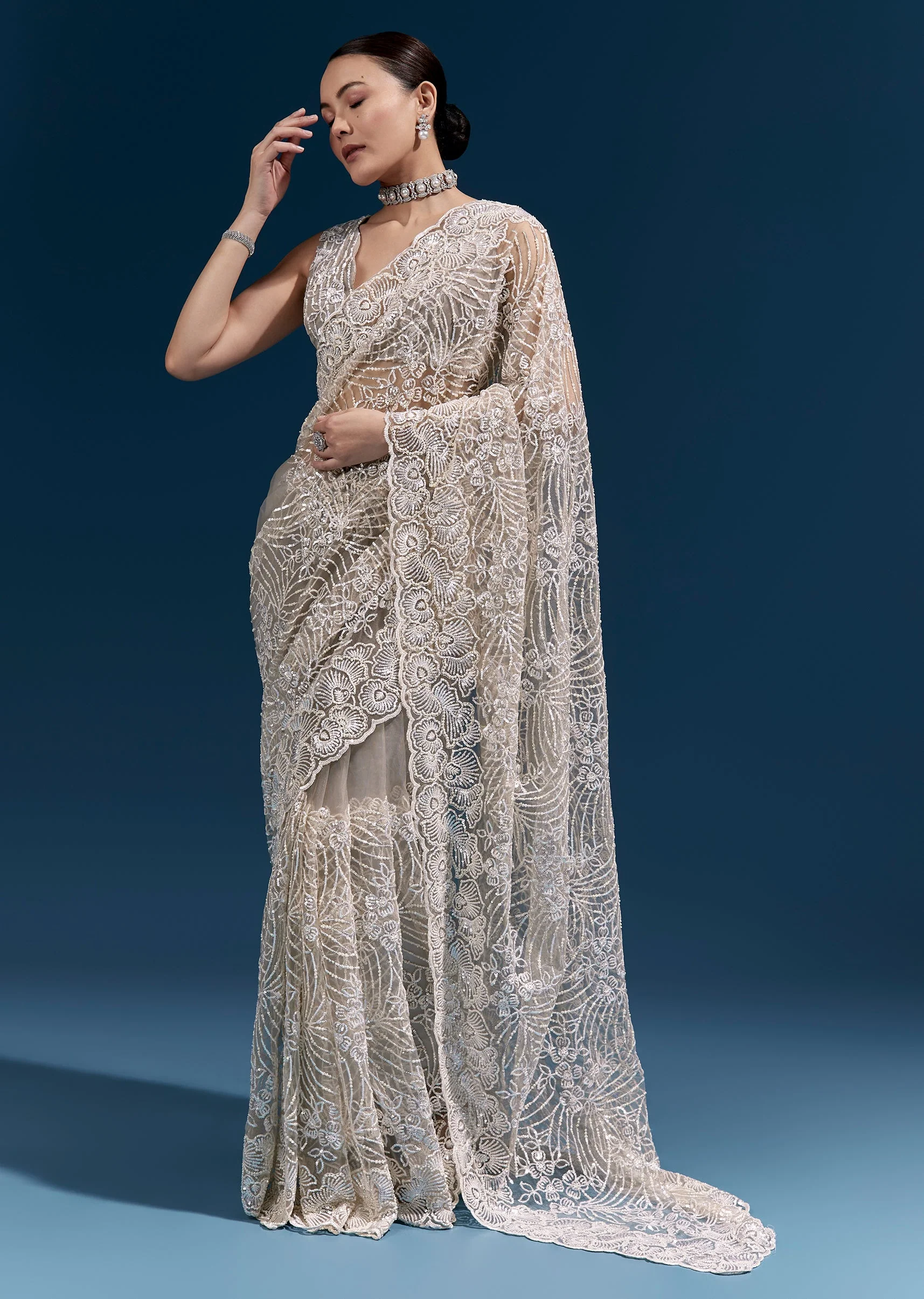 Dusky Beige Heavy Embroidered Net Saree With Cutwork Border And Floral Jaal - Image 3