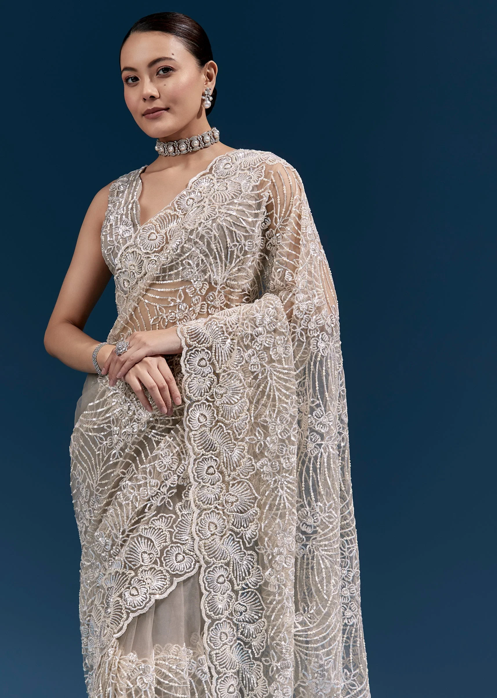 Dusky Beige Heavy Embroidered Net Saree With Cutwork Border And Floral Jaal - Image 5