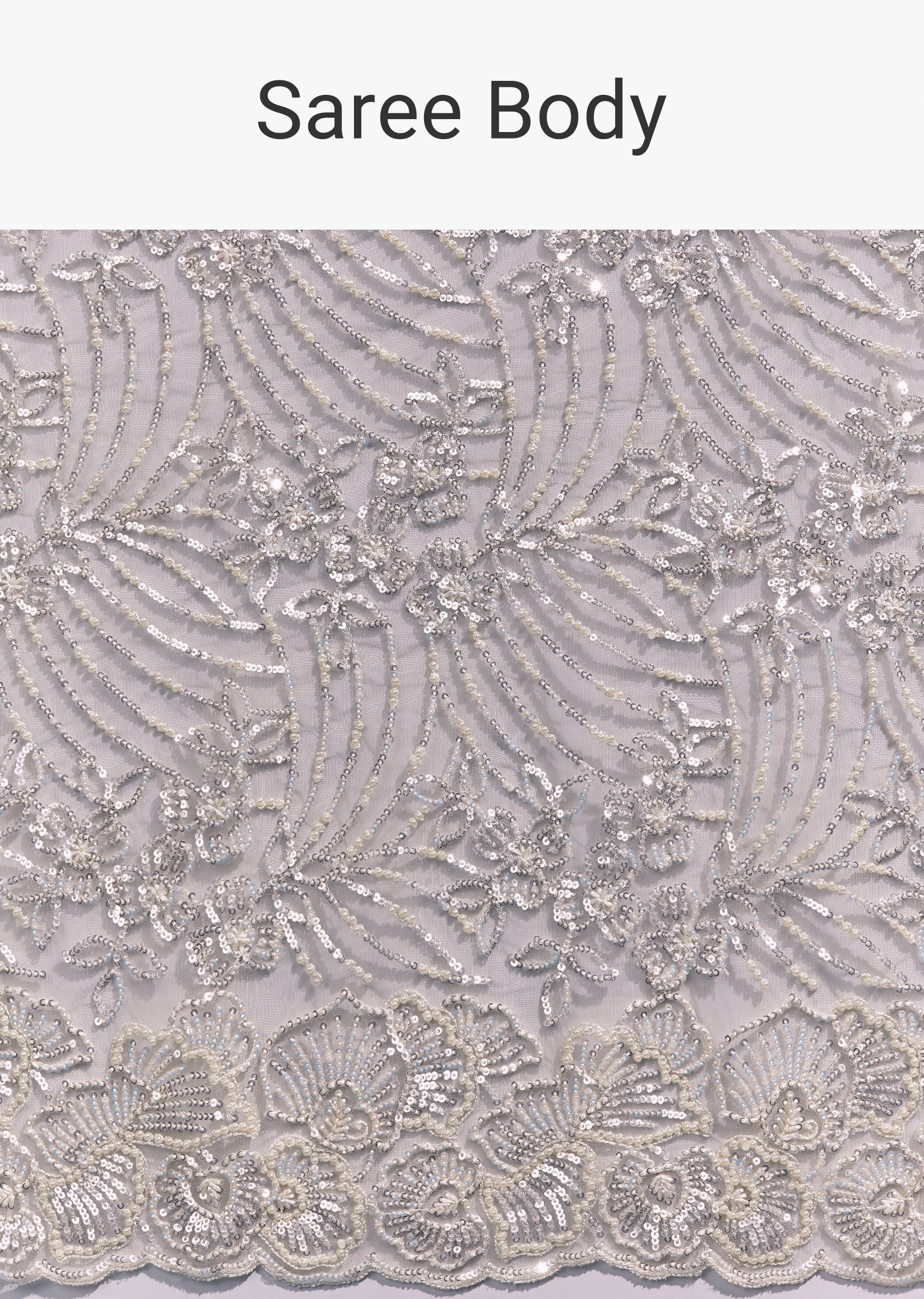 Dusky Beige Heavy Embroidered Net Saree With Cutwork Border And Floral Jaal - Image 9