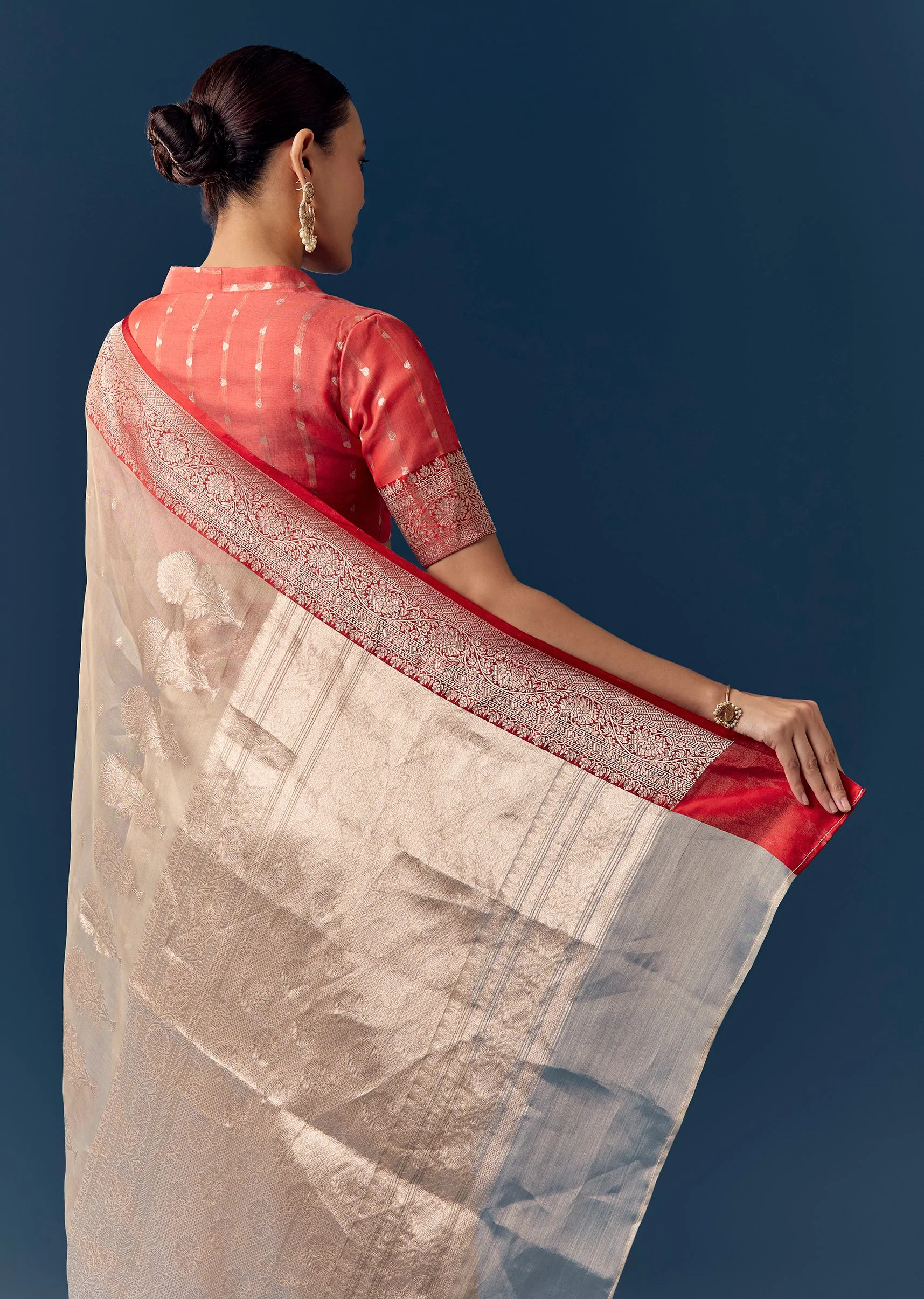 Dusky Beige Tissue Saree with Contrast Red Woven Border - Image 6