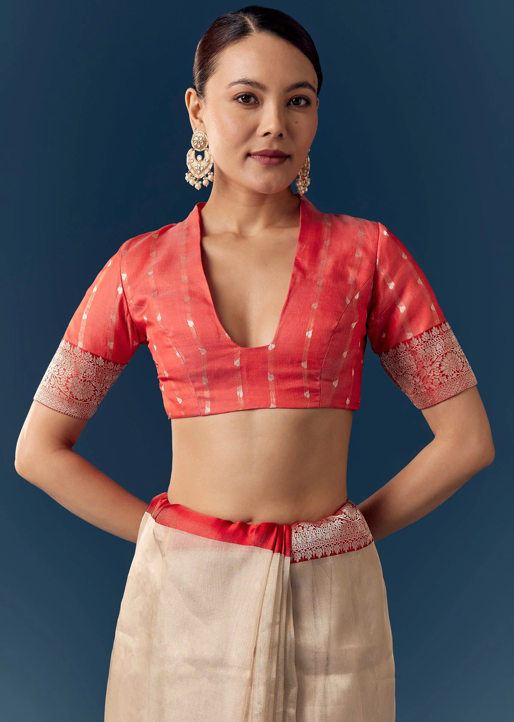 Dusky Beige Tissue Saree with Contrast Red Woven Border - Image 7