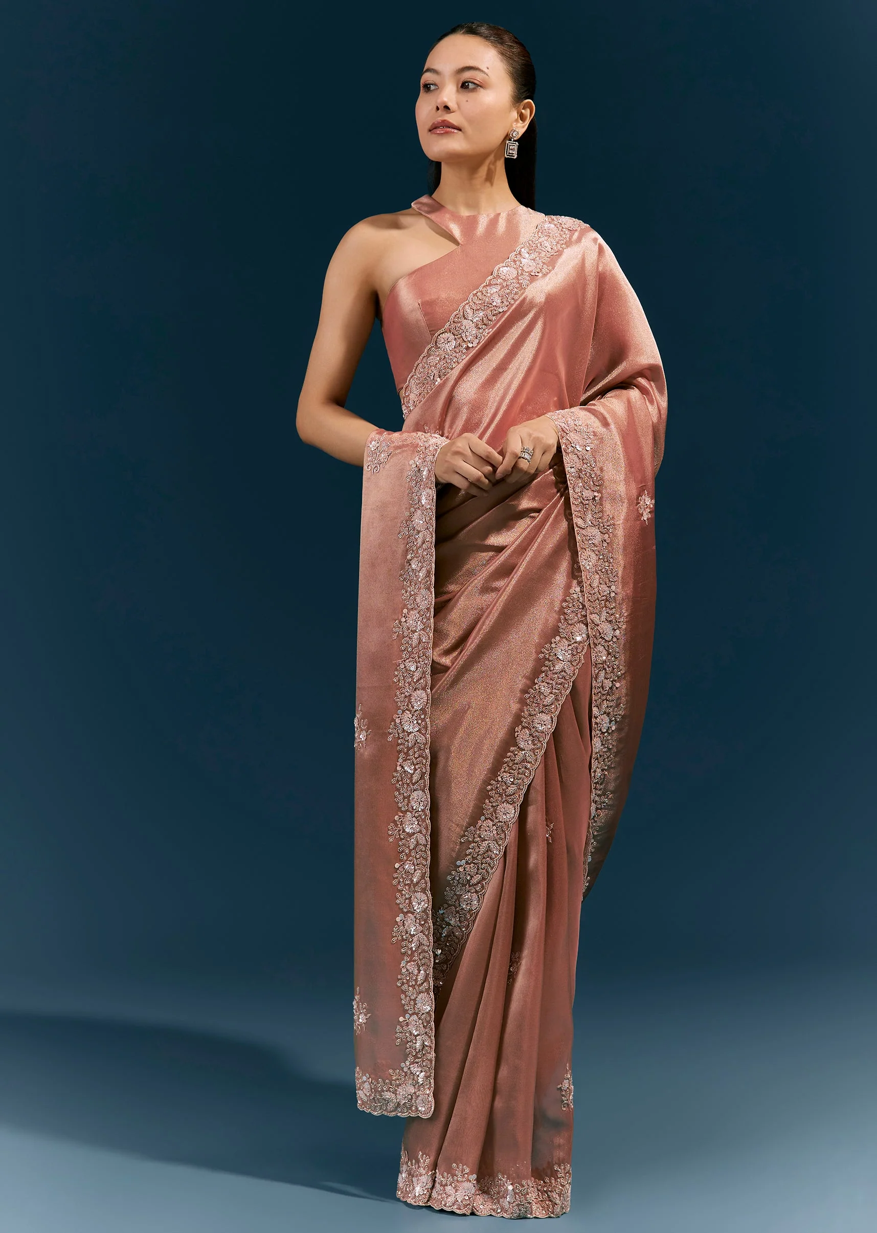 Dusky Beige Tissue Saree With Heavy Floral Embroidered Cutwork Border And Butti