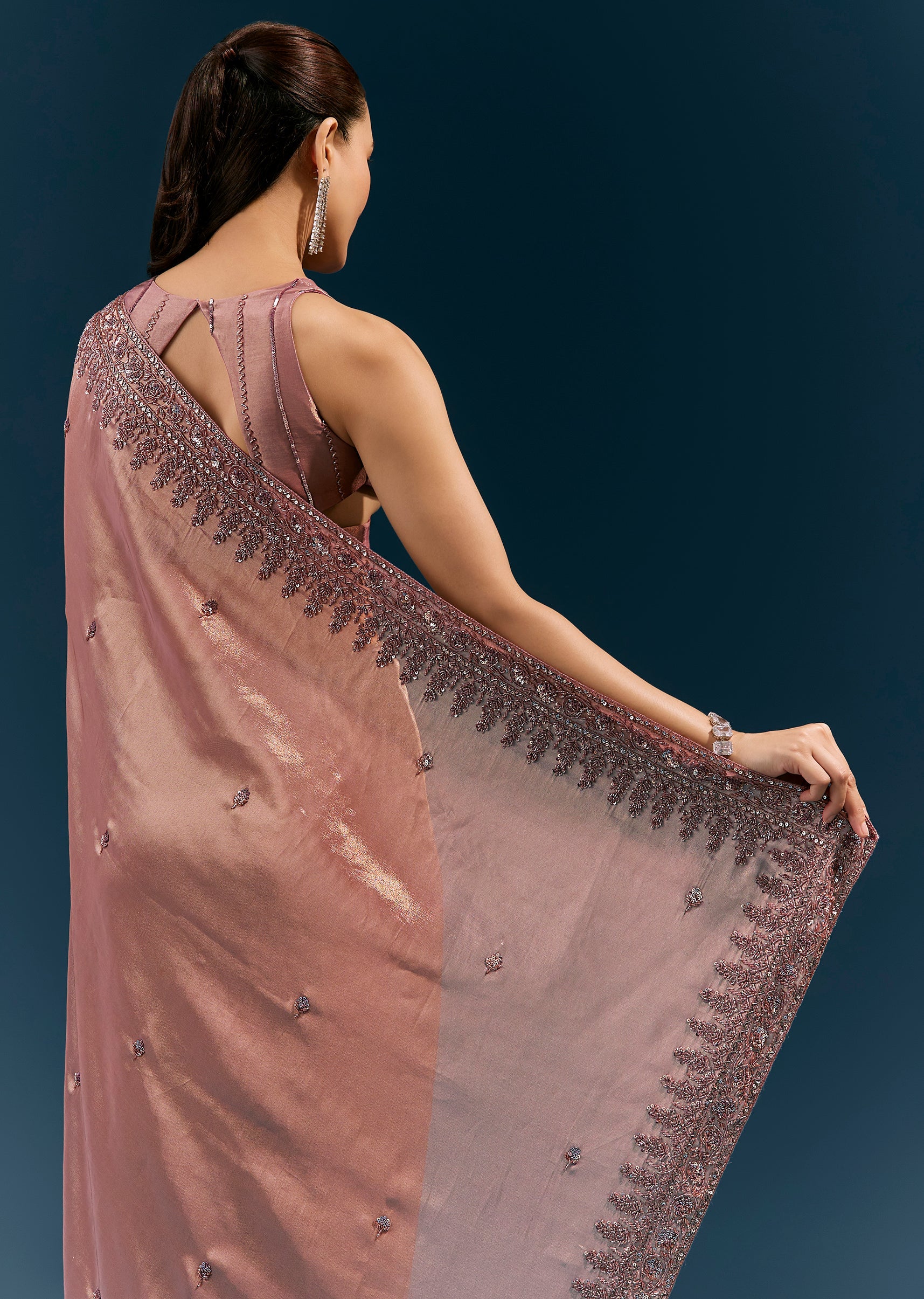 Dusky Lavender Tissue Silk Saree With Broad Embroidered Border And Butti - Image 6