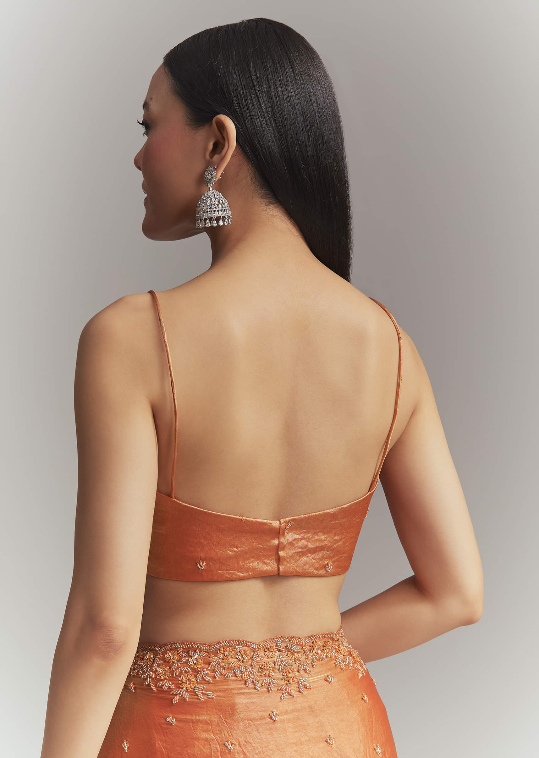 Dusky Orange Chinon Embroidered Saree With Embroidery - Image 8