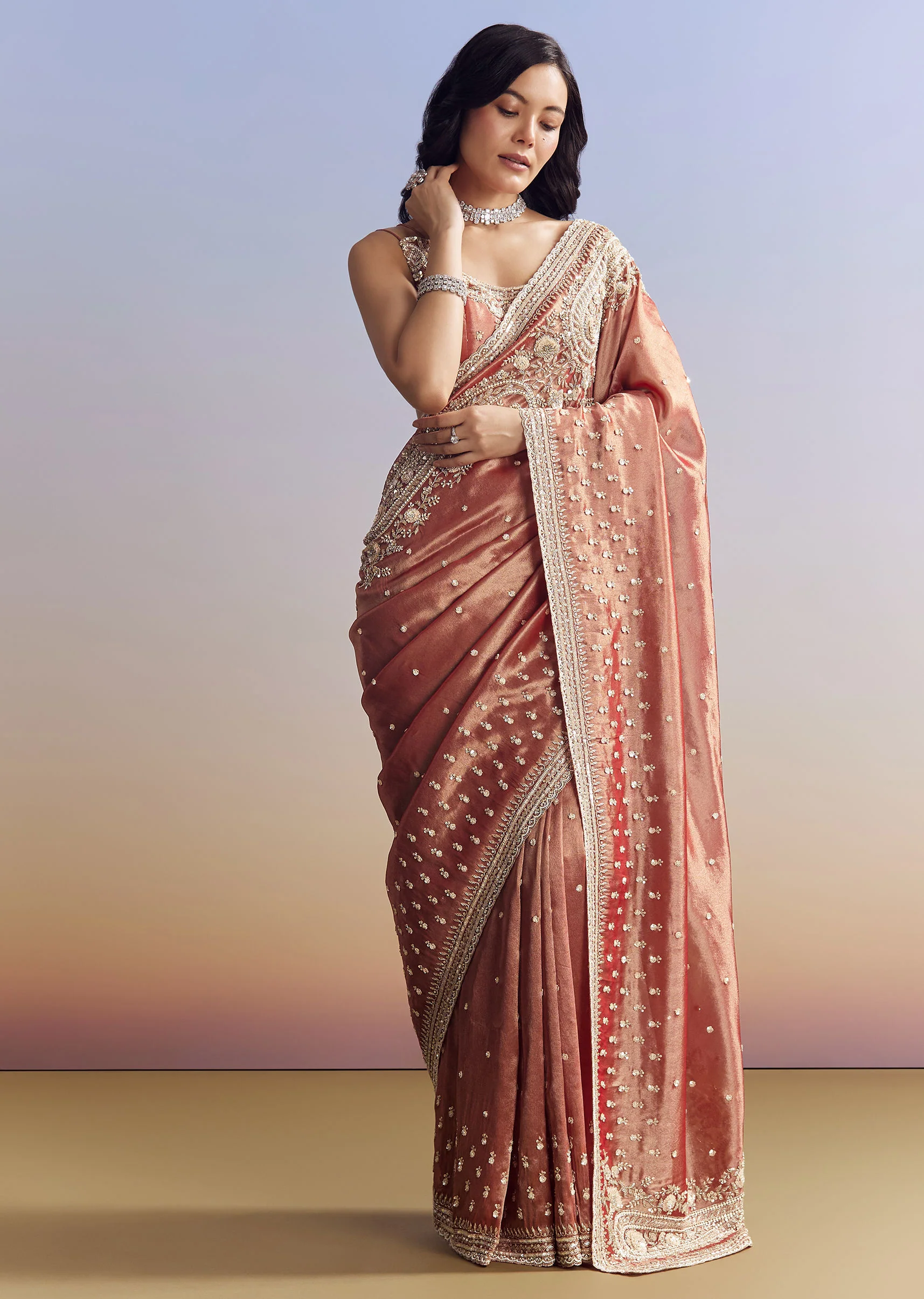 Dusky Orange Tissue Saree With Dense Embroidery - Image 6