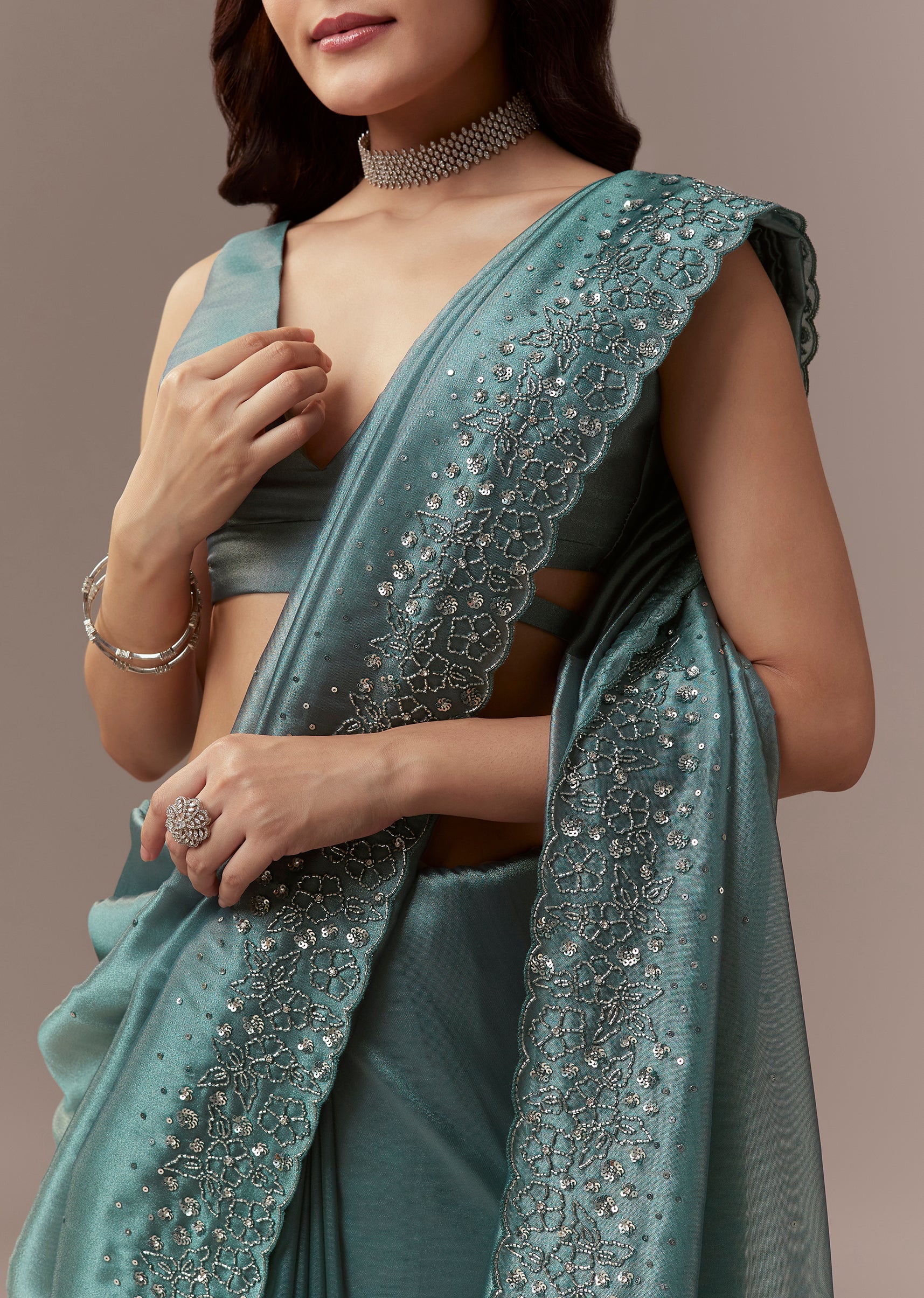 Dusky Teal Tissue Saree With Cutdana And Sequin Embroidery - Image 2