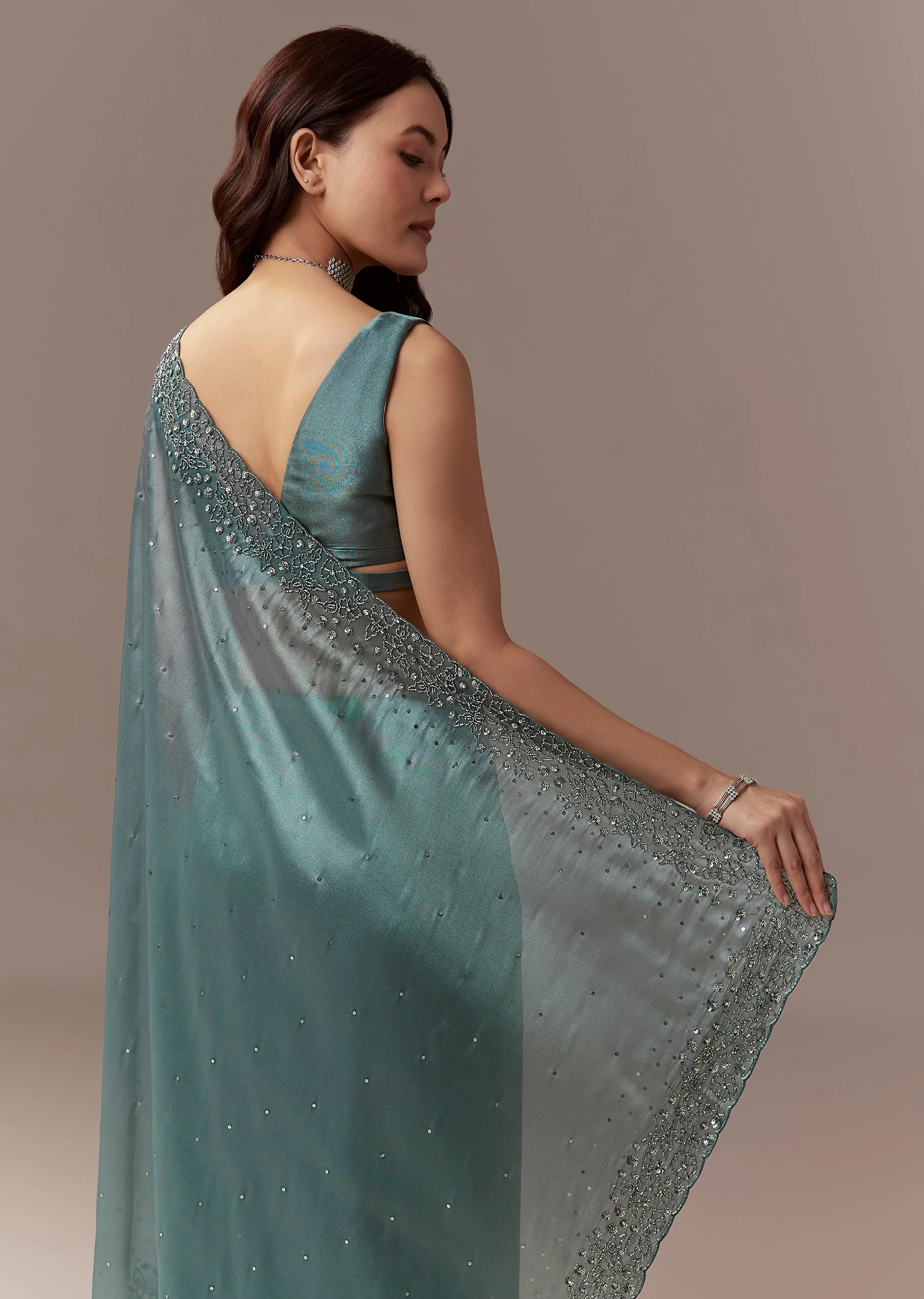 Dusky Teal Tissue Saree With Cutdana And Sequin Embroidery - Image 6