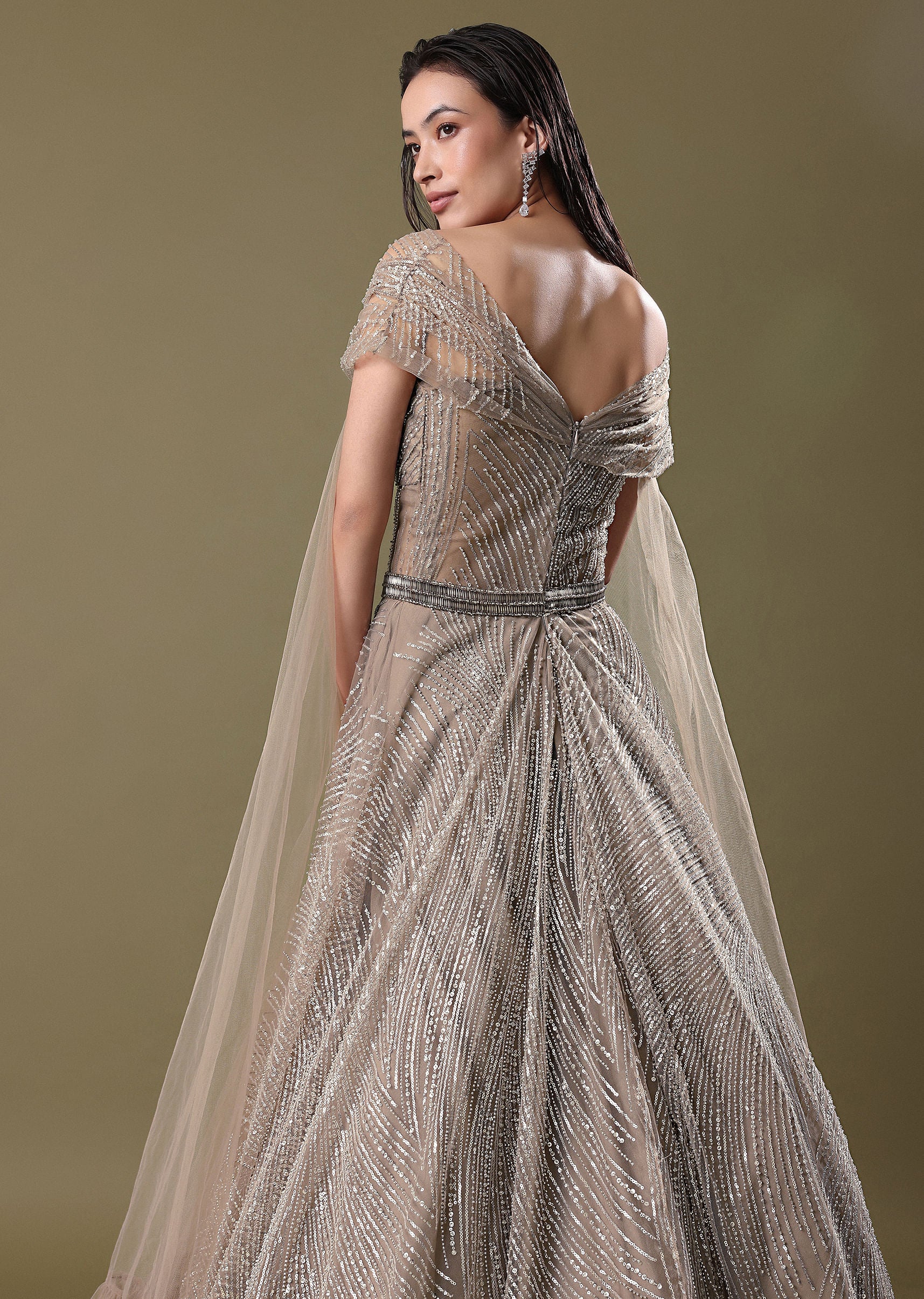 Dusty Beige Embroidered Gown With Cowl Sleeves - Image 4