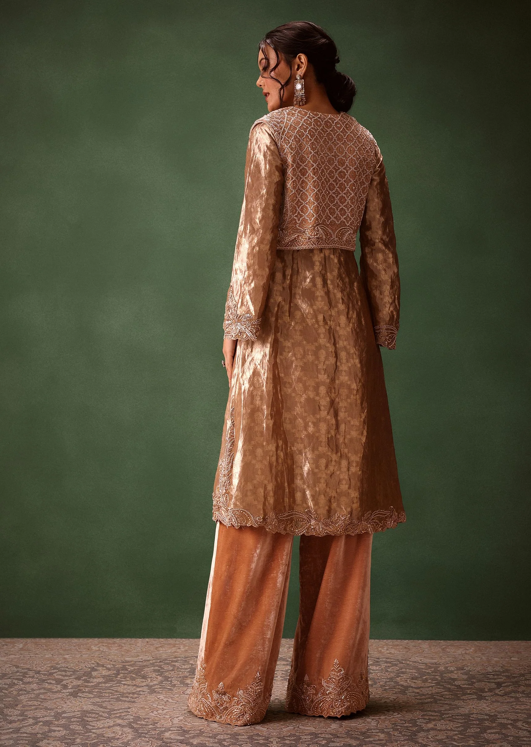 Dusty Brown Brocade Anarkali Style Kurti With Crop Jacket And Straight Flared Pant - Image 2