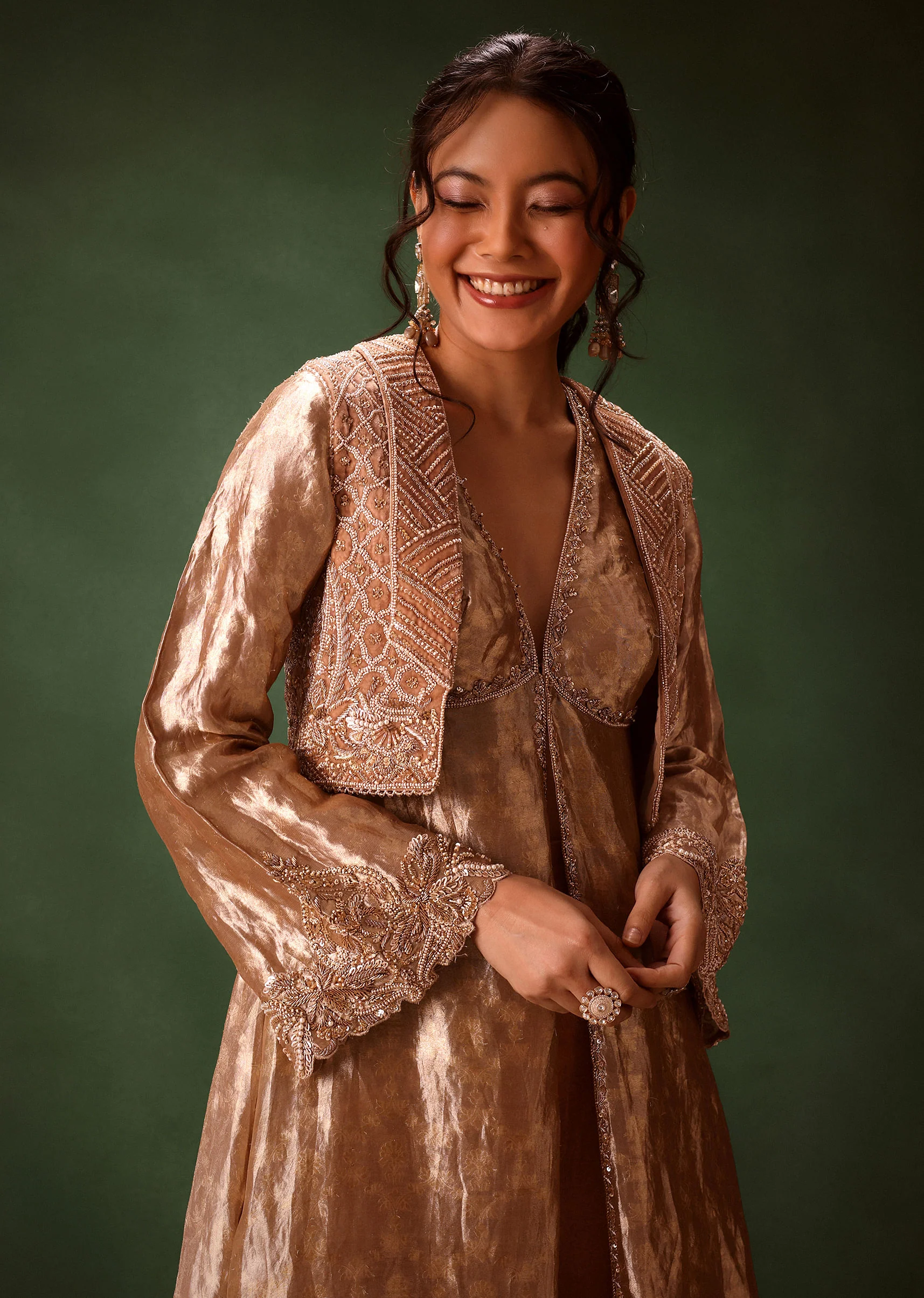 Dusty Brown Brocade Anarkali Style Kurti With Crop Jacket And Straight Flared Pant - Image 6