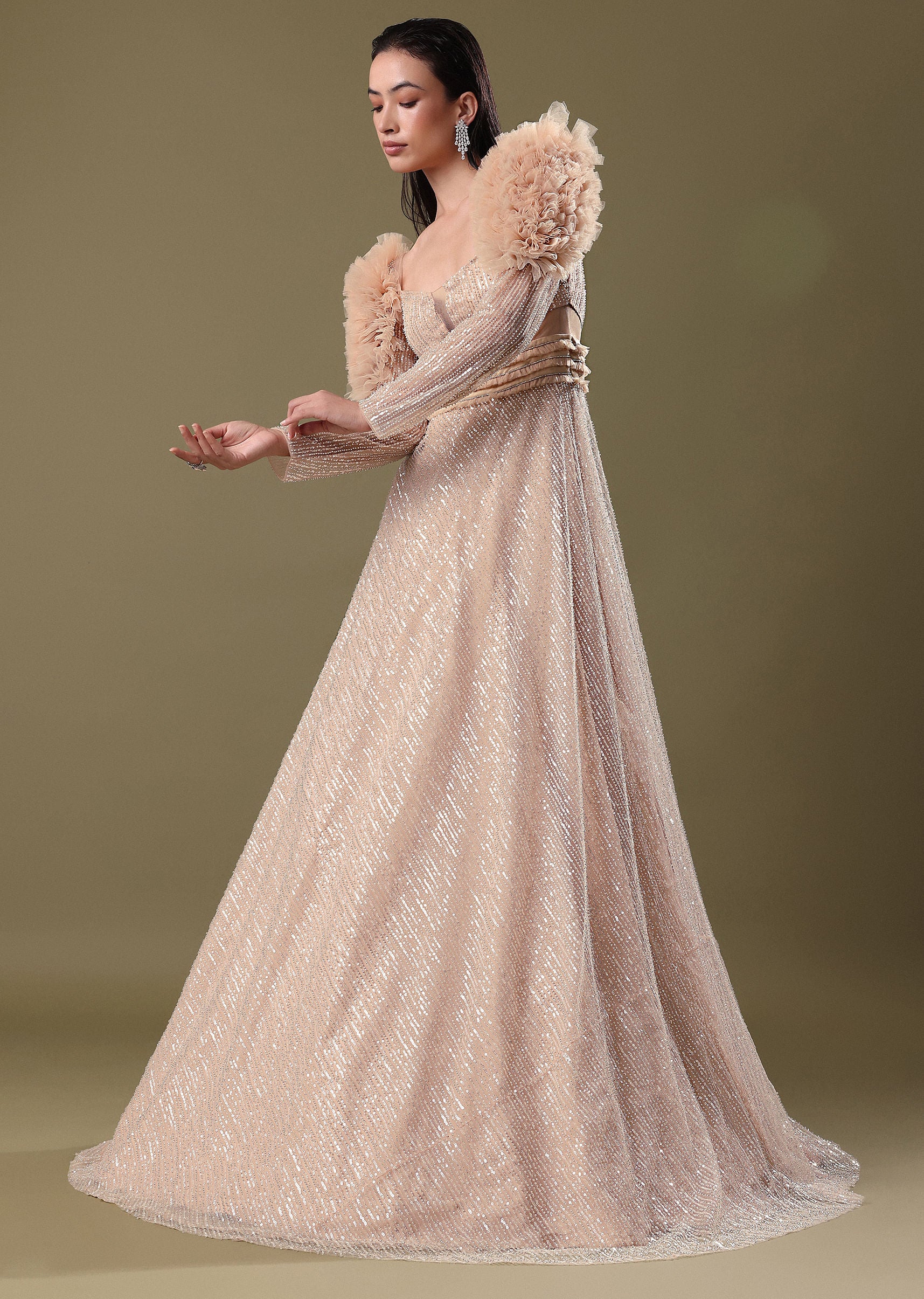 Dusty Peach Embroidered Ruffle Sleeve Gown Kalki - Image 2