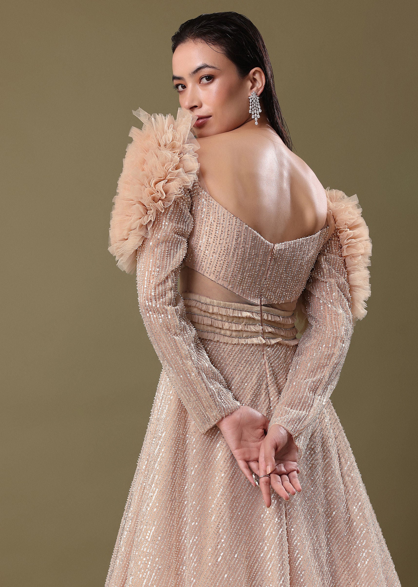 Dusty Peach Embroidered Ruffle Sleeve Gown Kalki - Image 4