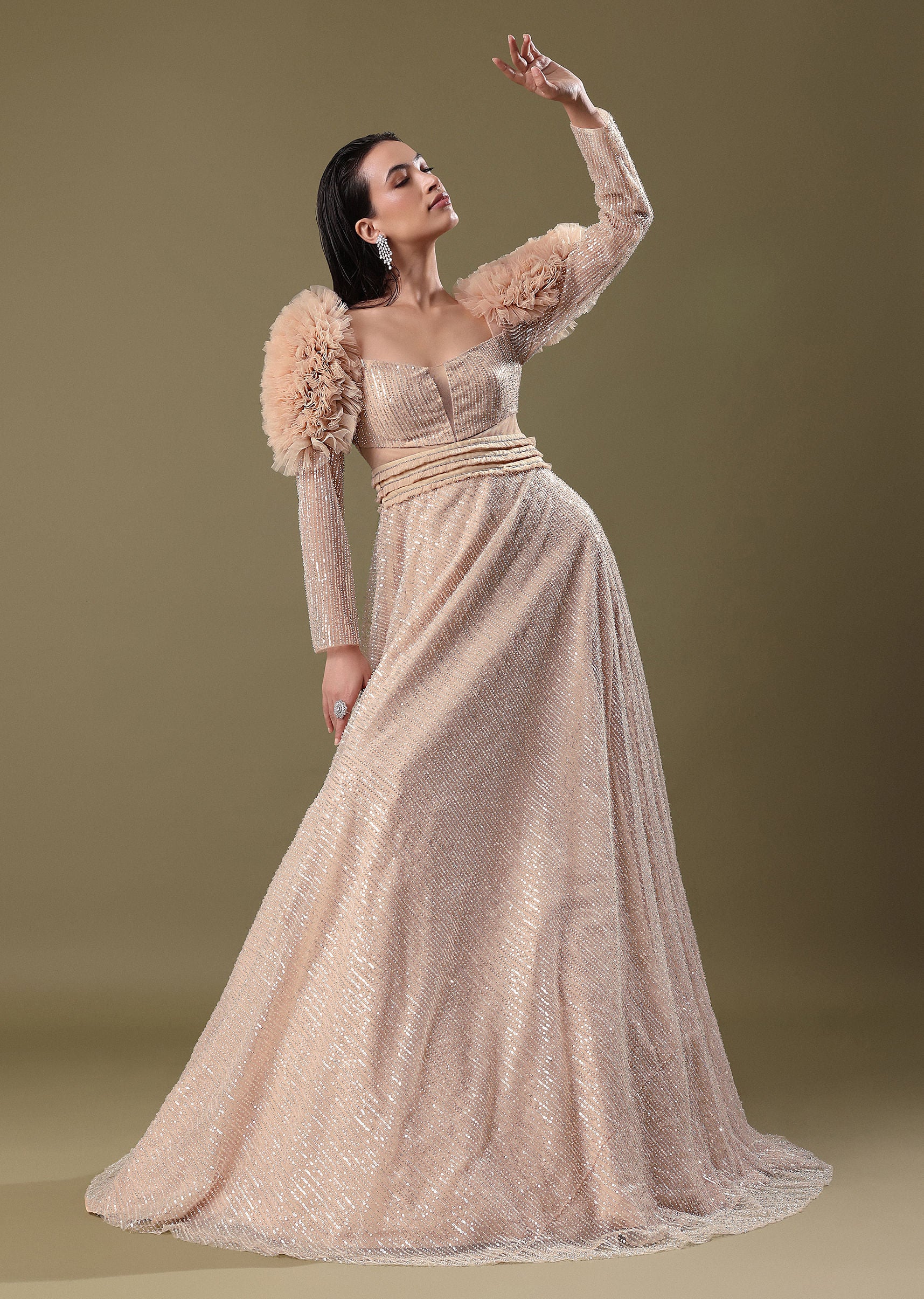 Dusty Peach Embroidered Ruffle Sleeve Gown Kalki - Image 5