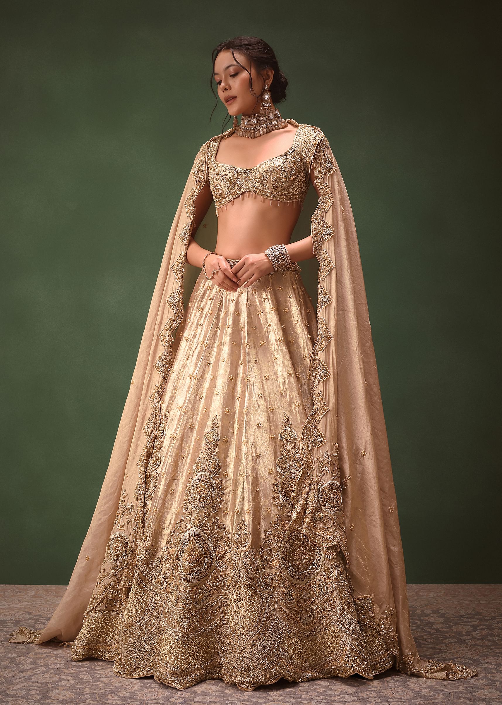 Dusty Pink Brocade Hand Embroidered Bridal Lehenga With Two Dupattas - Image 3