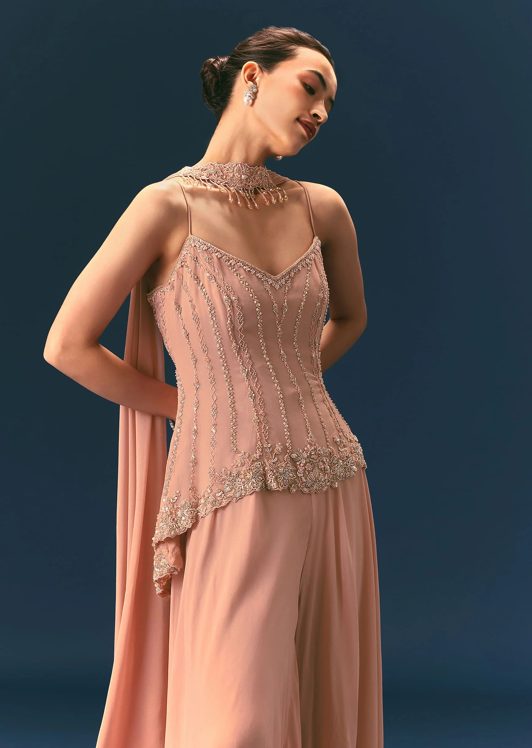 Dusty Pink Hand Embroidered Sharara Suit With Choker Dupatta - Image 4