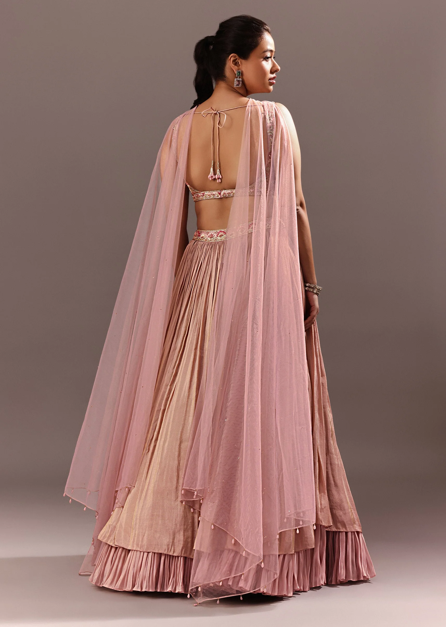 Dusty Pink Ruching Lehenga With Embroidered Blouse And Choker Dupatta - Image 5