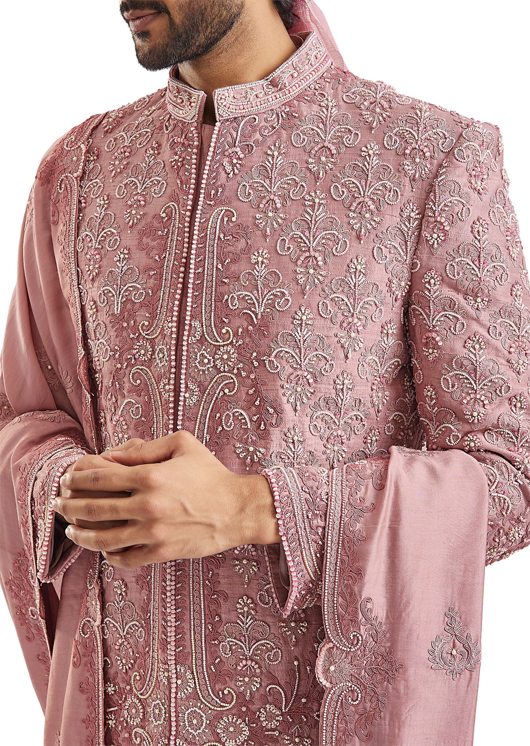 Dusty Pink Self Embroidered Groom Sherwani - Image 5
