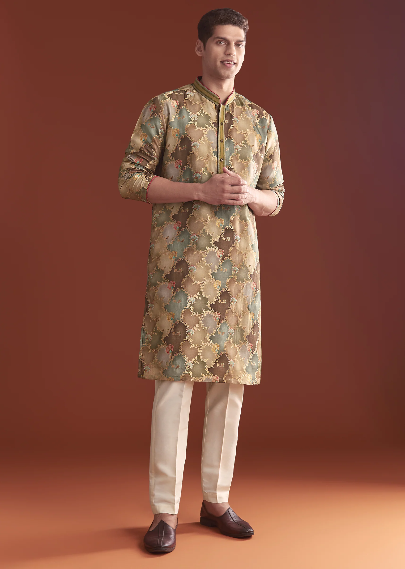 Earthy Brown Pair – Satin Saree For Her And Banarasi Kurta Set For Him - Image 11