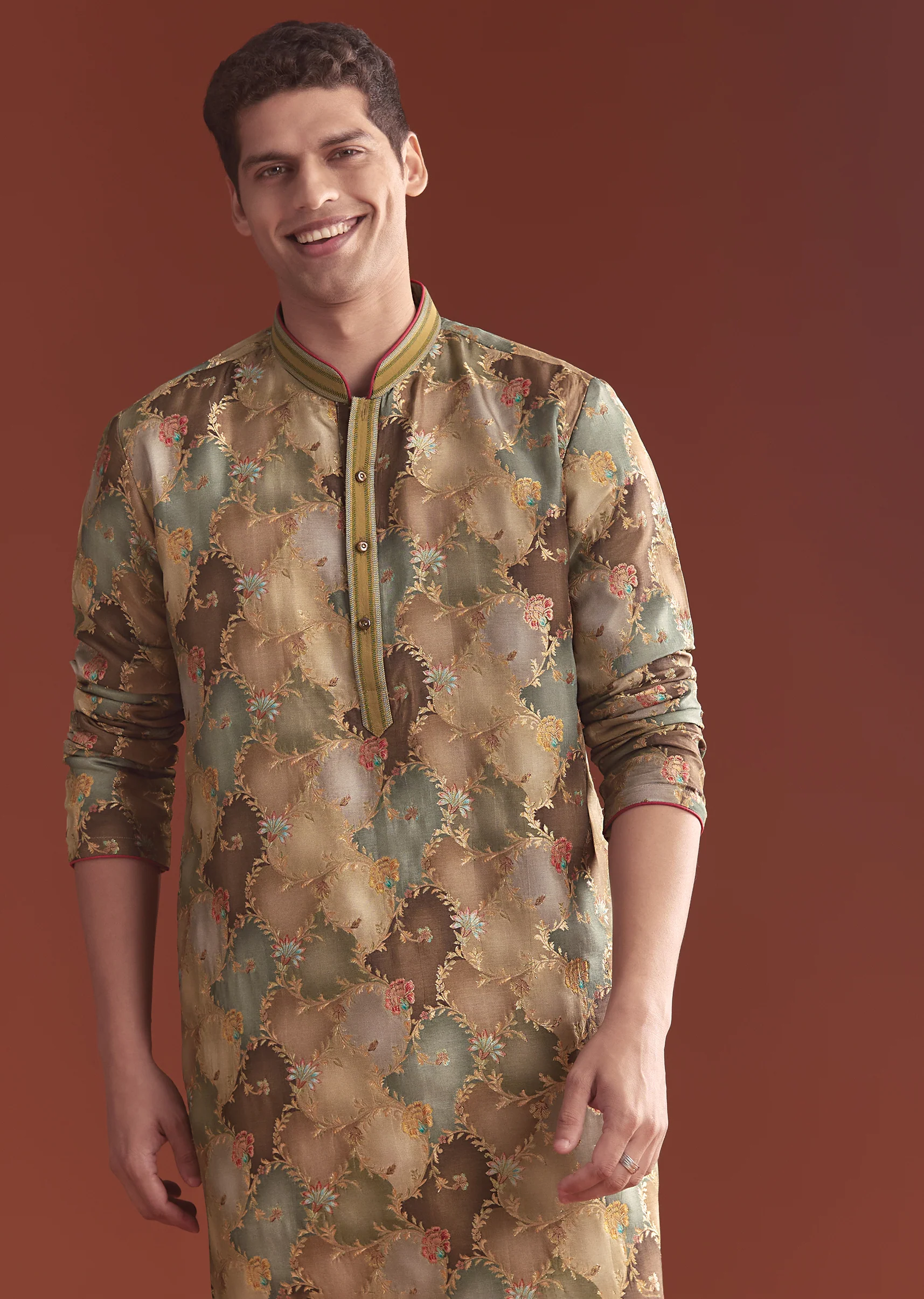 Earthy Brown Pair – Satin Saree For Her And Banarasi Kurta Set For Him - Image 12