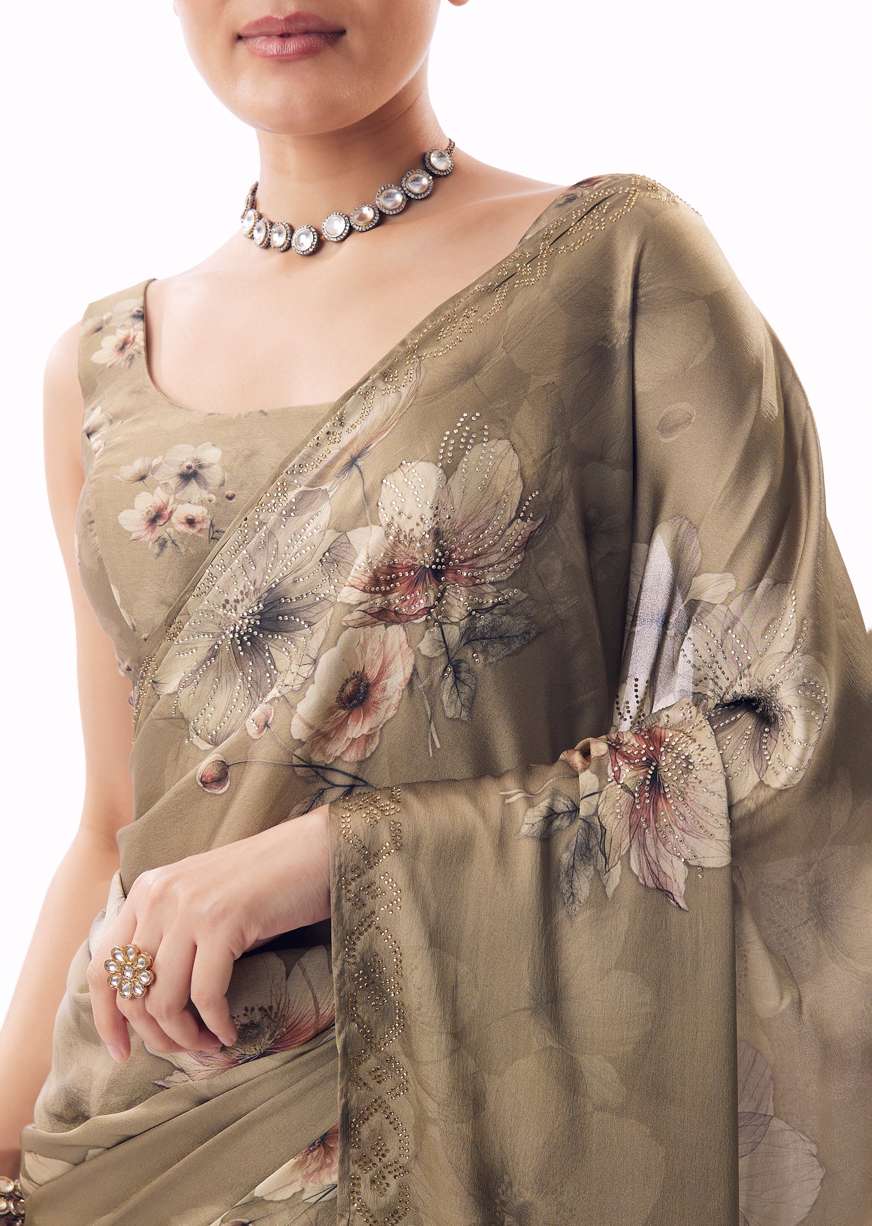 Earthy Brown Pair – Satin Saree For Her And Banarasi Kurta Set For Him - Image 2