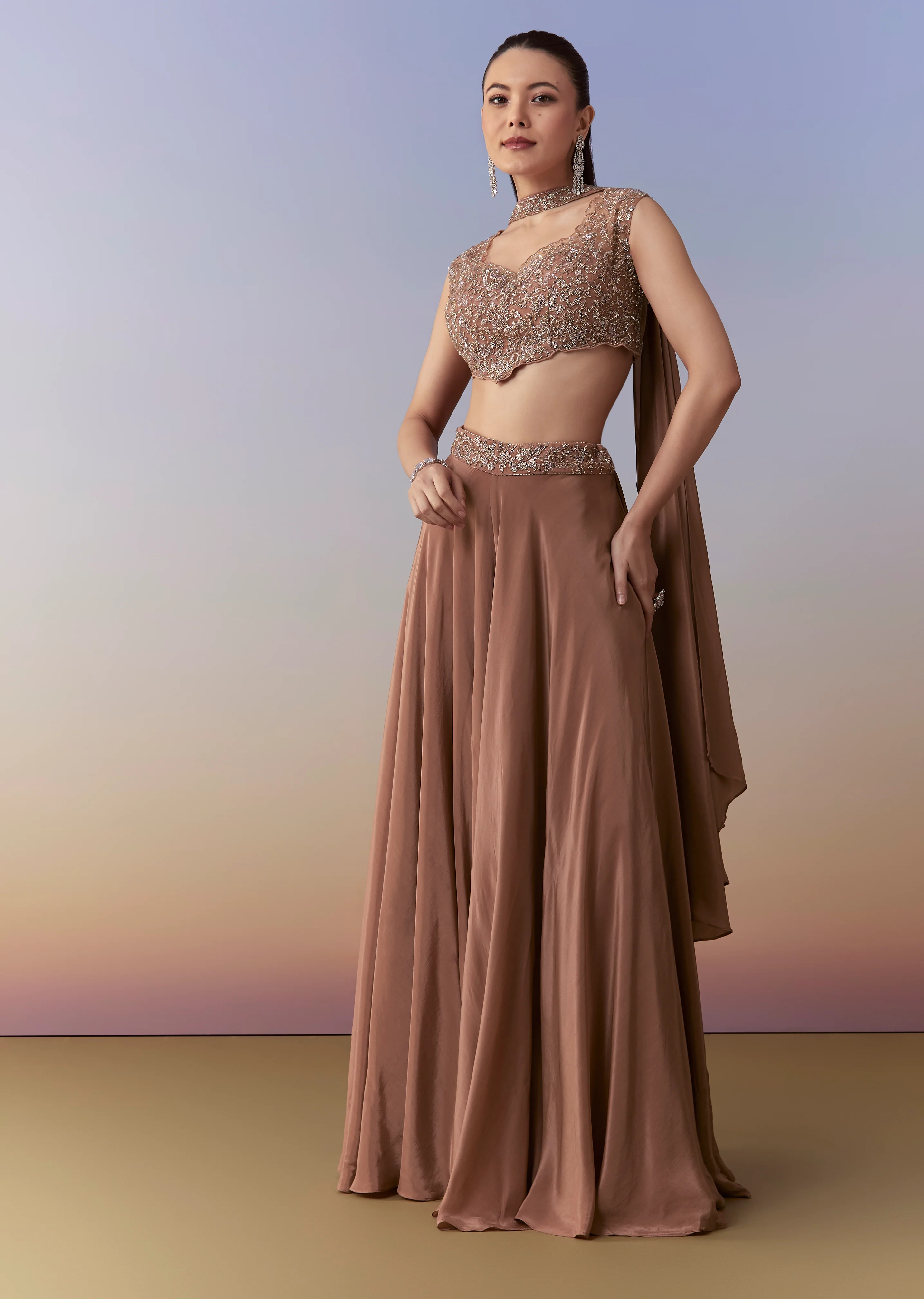 Earthy Elegance Couple Set – Brown Embellished Crop Top And Pant Set for Her And Rust Embroidered Silk Kurta Set for Him - Image 3