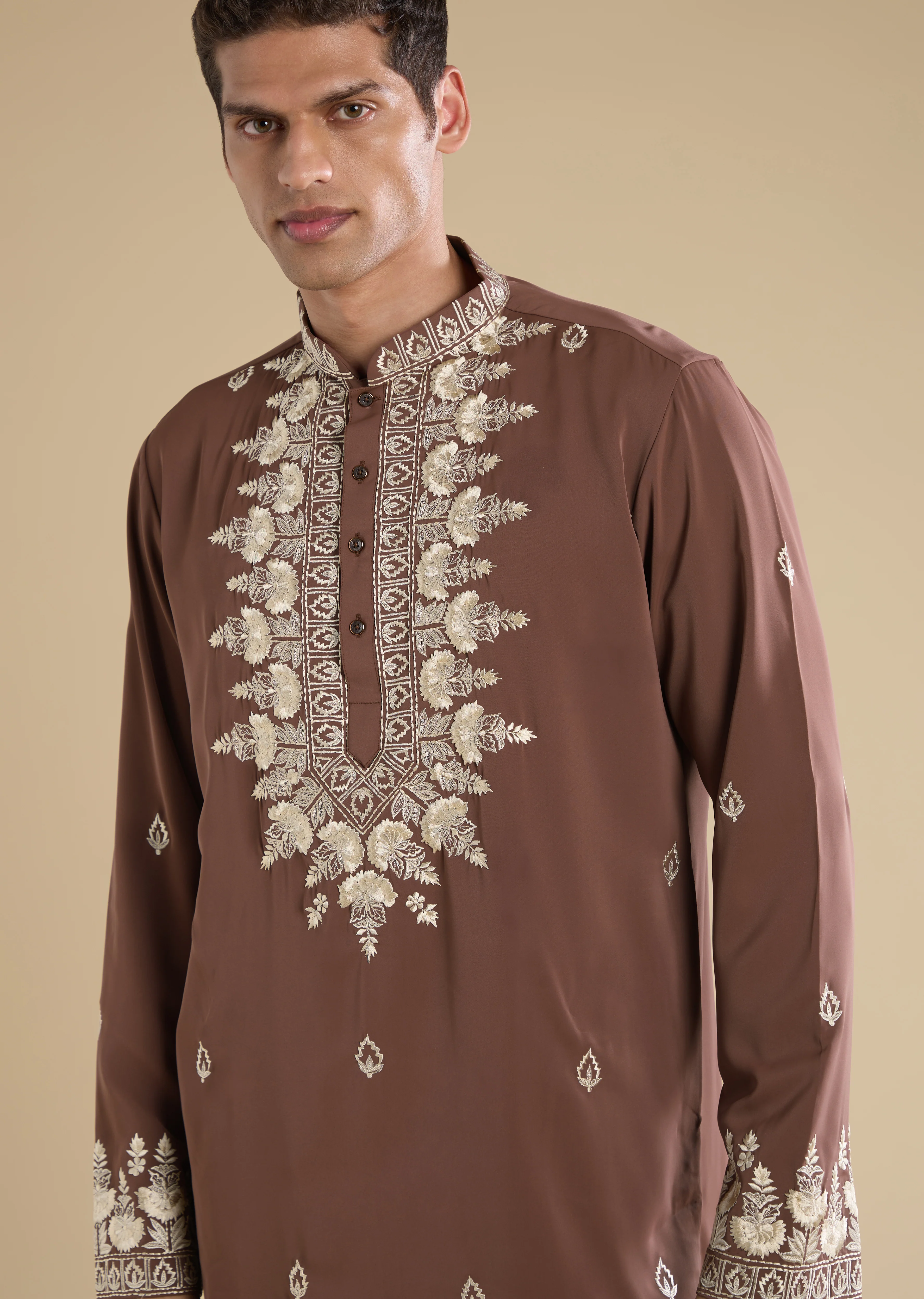 Earthy Elegance Couple Set – Brown Embellished Crop Top And Pant Set for Her And Rust Embroidered Silk Kurta Set for Him - Image 4