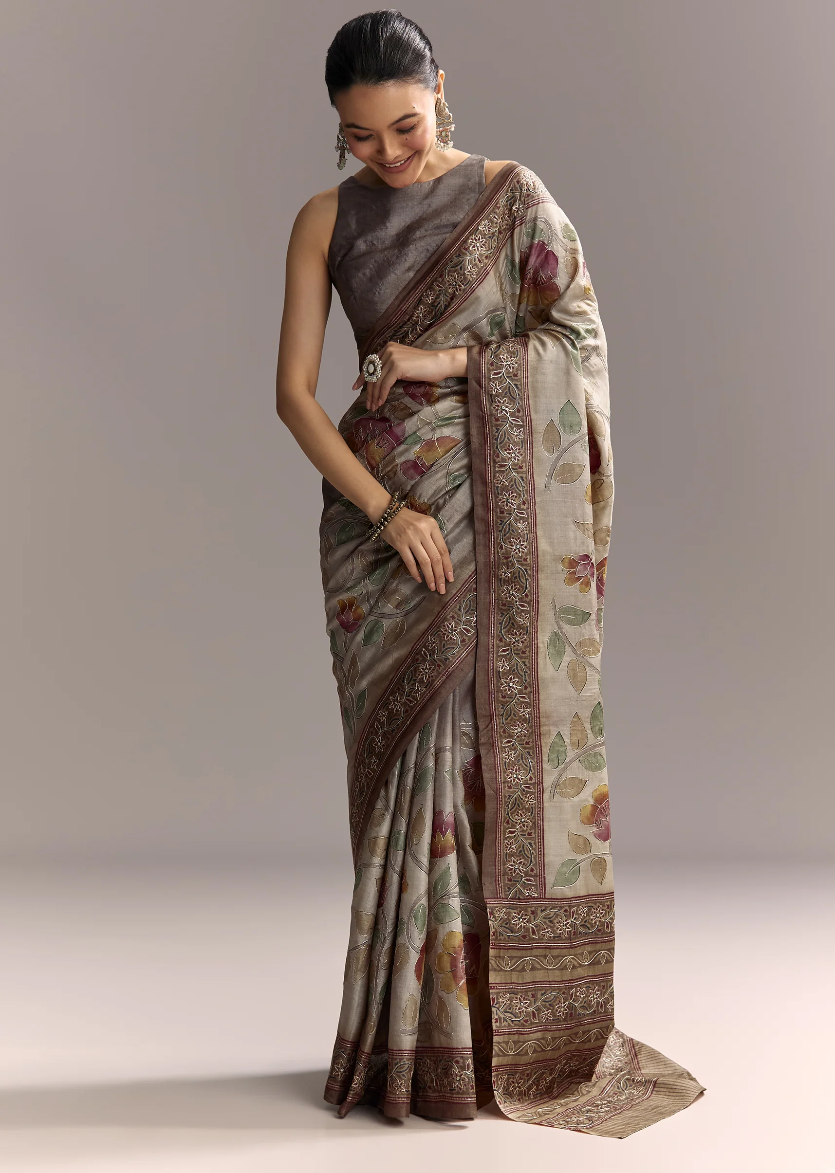 Earthy Grey Artistic Couple Set – Grey Hand-Painted Cotton Saree For Her And Taupe Brown Printed Silk Kurta For Him - Image 3