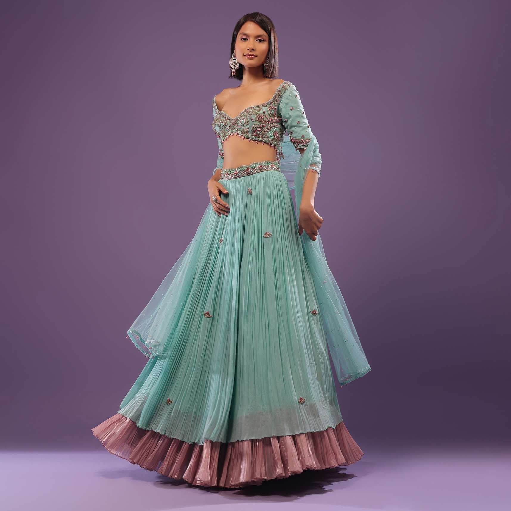 Sky Blue Embroidered Lehenga In Georgette - Image 4