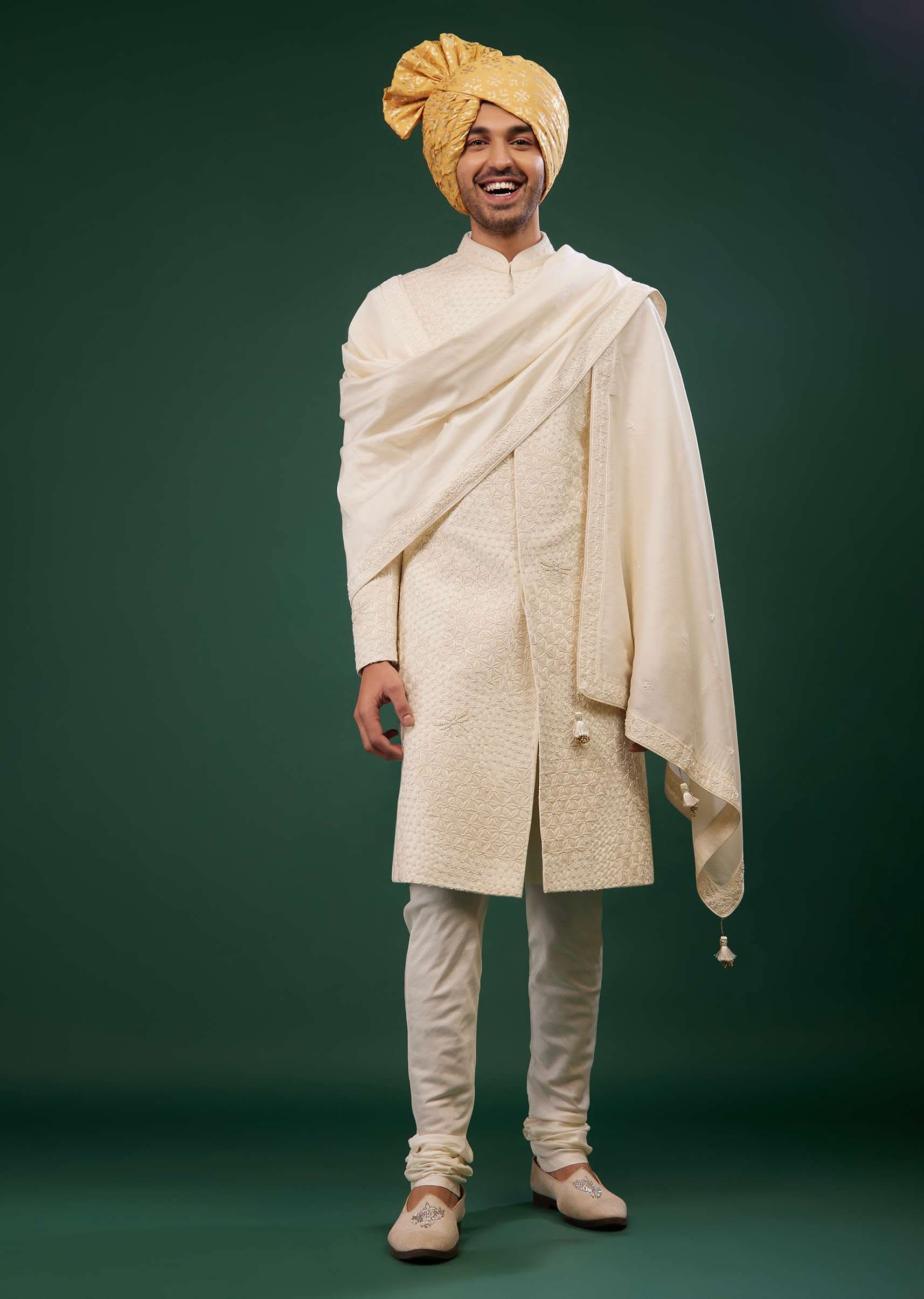 Pearl White Sherwani Set Embroidered In Raw Silk - Image 2