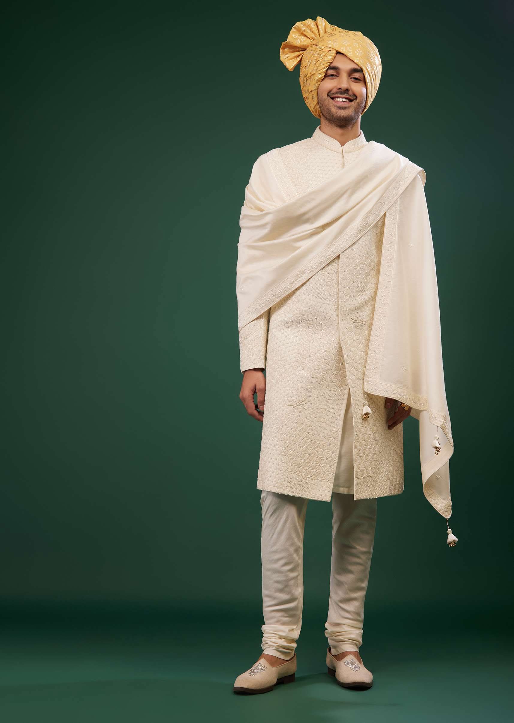 Pearl White Sherwani Set Embroidered In Raw Silk - Image 4