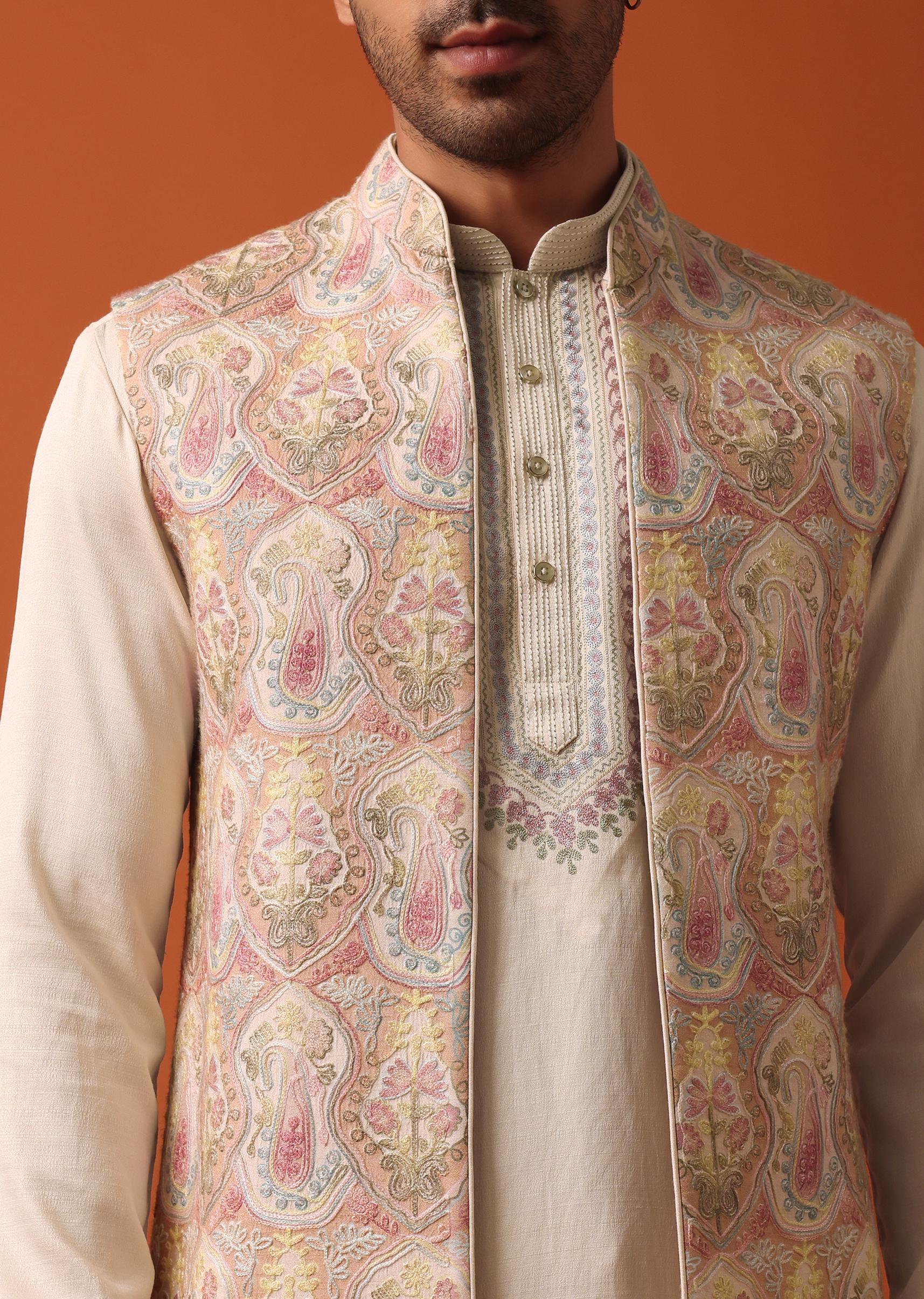 Elegant Beige Exquisite Embroidered Jacket Kurta Set - Image 2