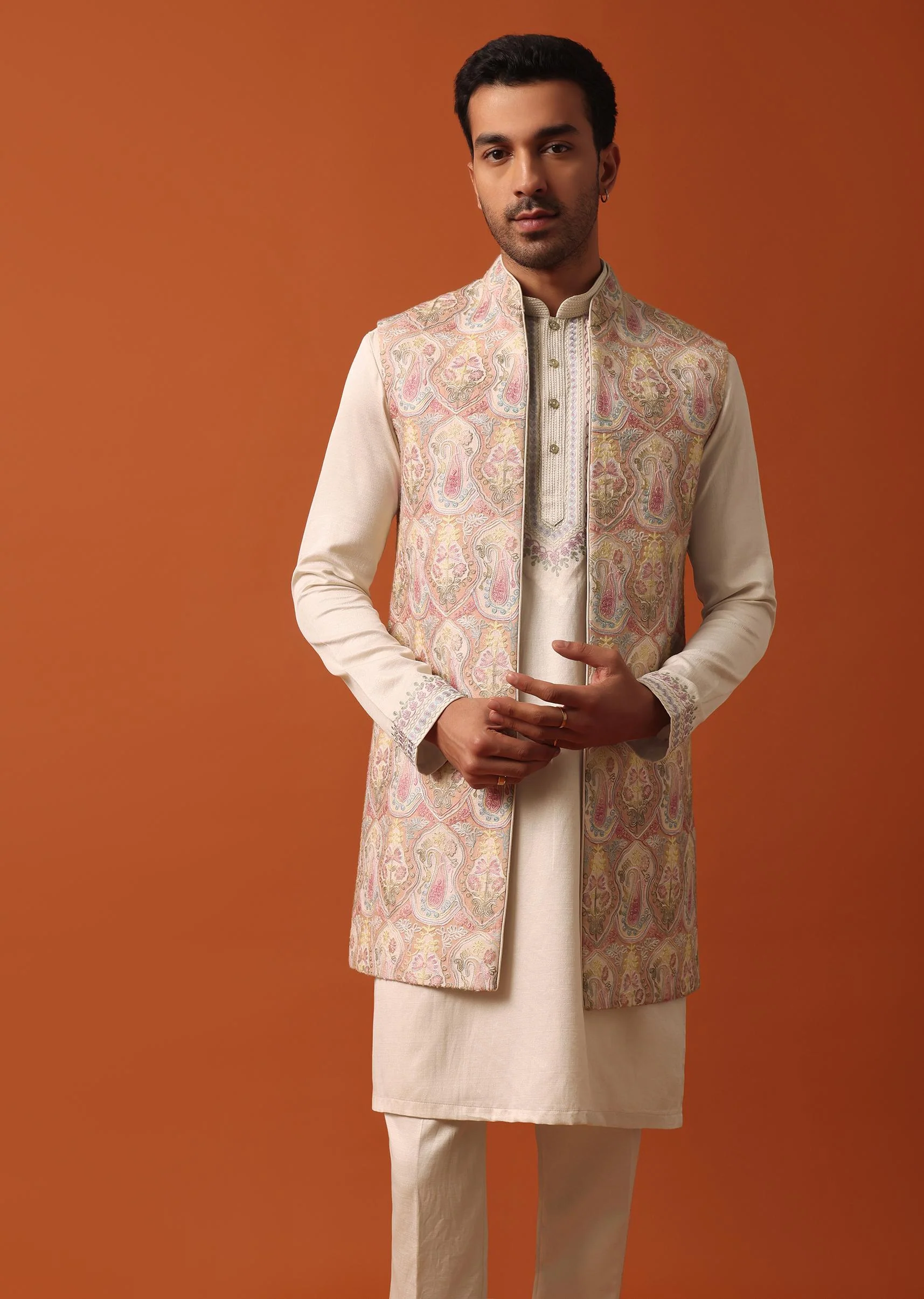 Elegant Beige Exquisite Embroidered Jacket Kurta Set - Image 4