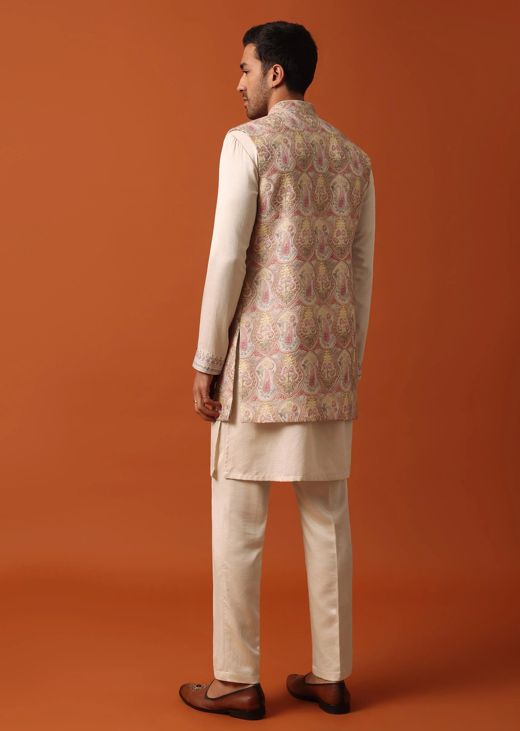 Elegant Beige Exquisite Embroidered Jacket Kurta Set - Image 5